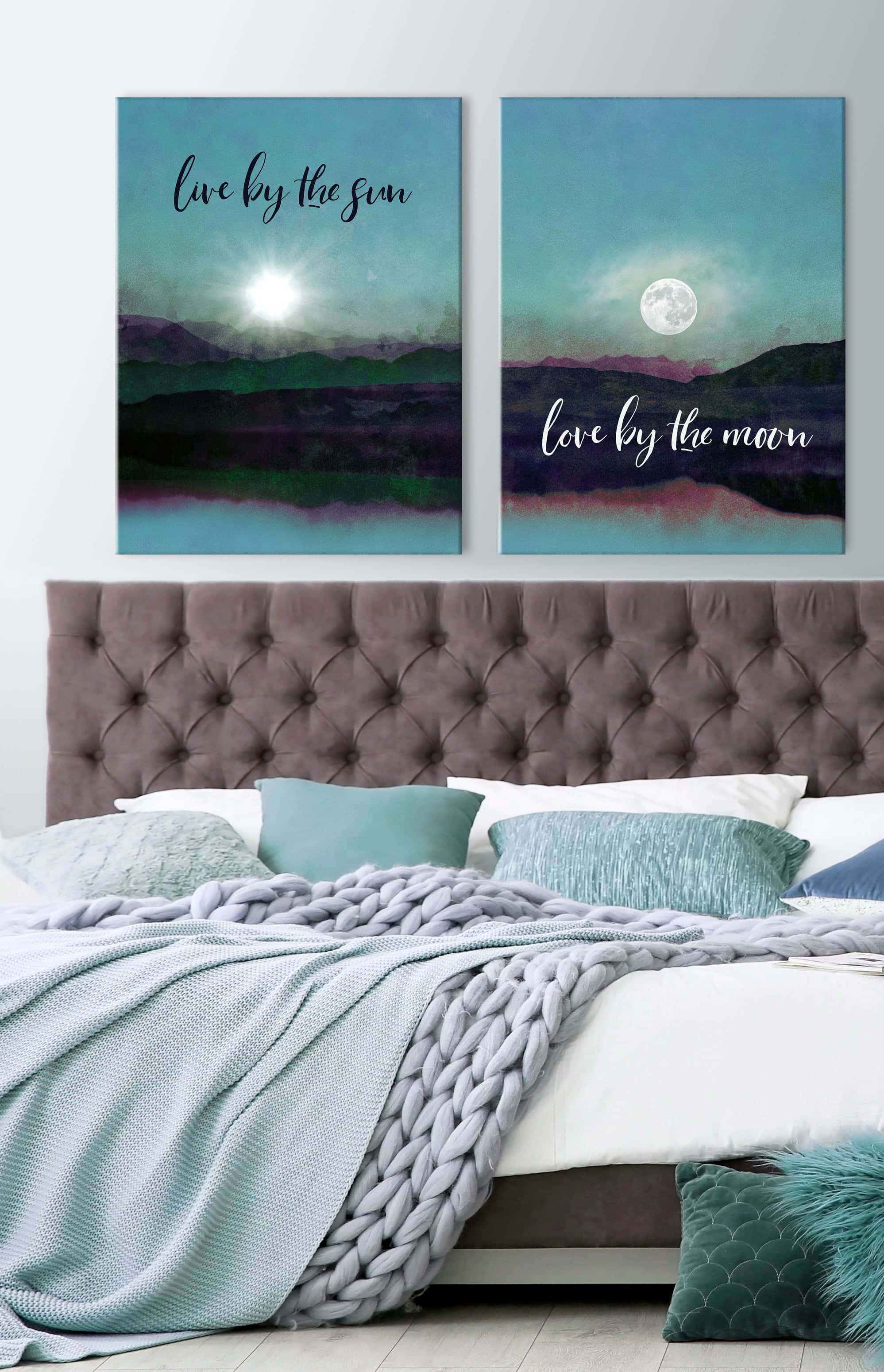 Set of 2 High - Quality Wood - Framed Bedroom Wall Art: Live By The Sun Love By The Moon (Ready To Hang)