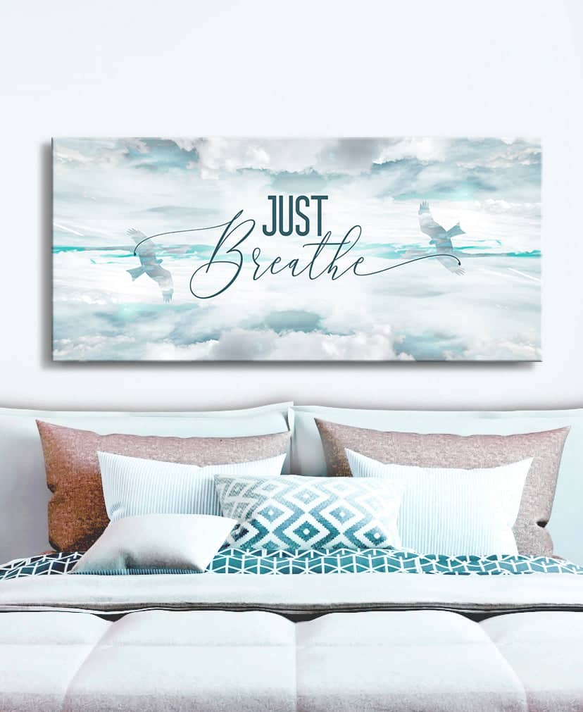 Ready-to-Hang Bedroom Wall Art: Just Breathe V3 with Wood Frame