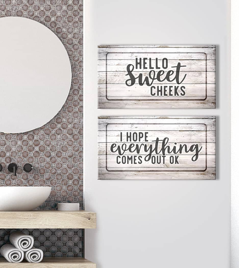 Hot Deal! 2-Piece 'Hello Sweet Cheeks' Bathroom Wall Art with Wood Frame, Ready to Hang