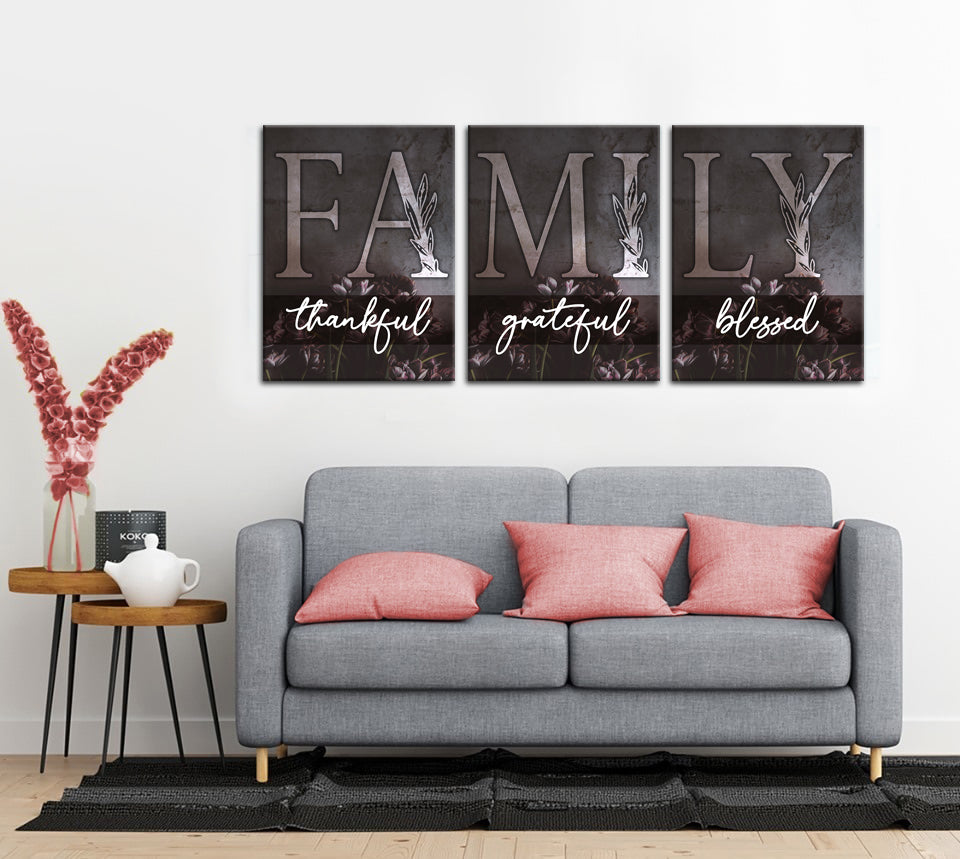 Ready-to-Hang Family Wall Art Set of 3: Thankful, Grateful, Blessed (Wood Frame)