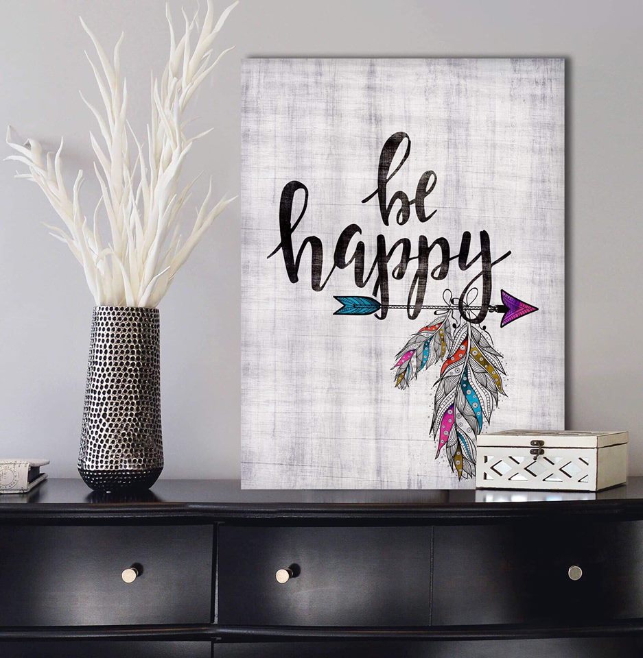 High - Quality Be Happy Home Wall Art with Wood Frame, Ready to Hang
