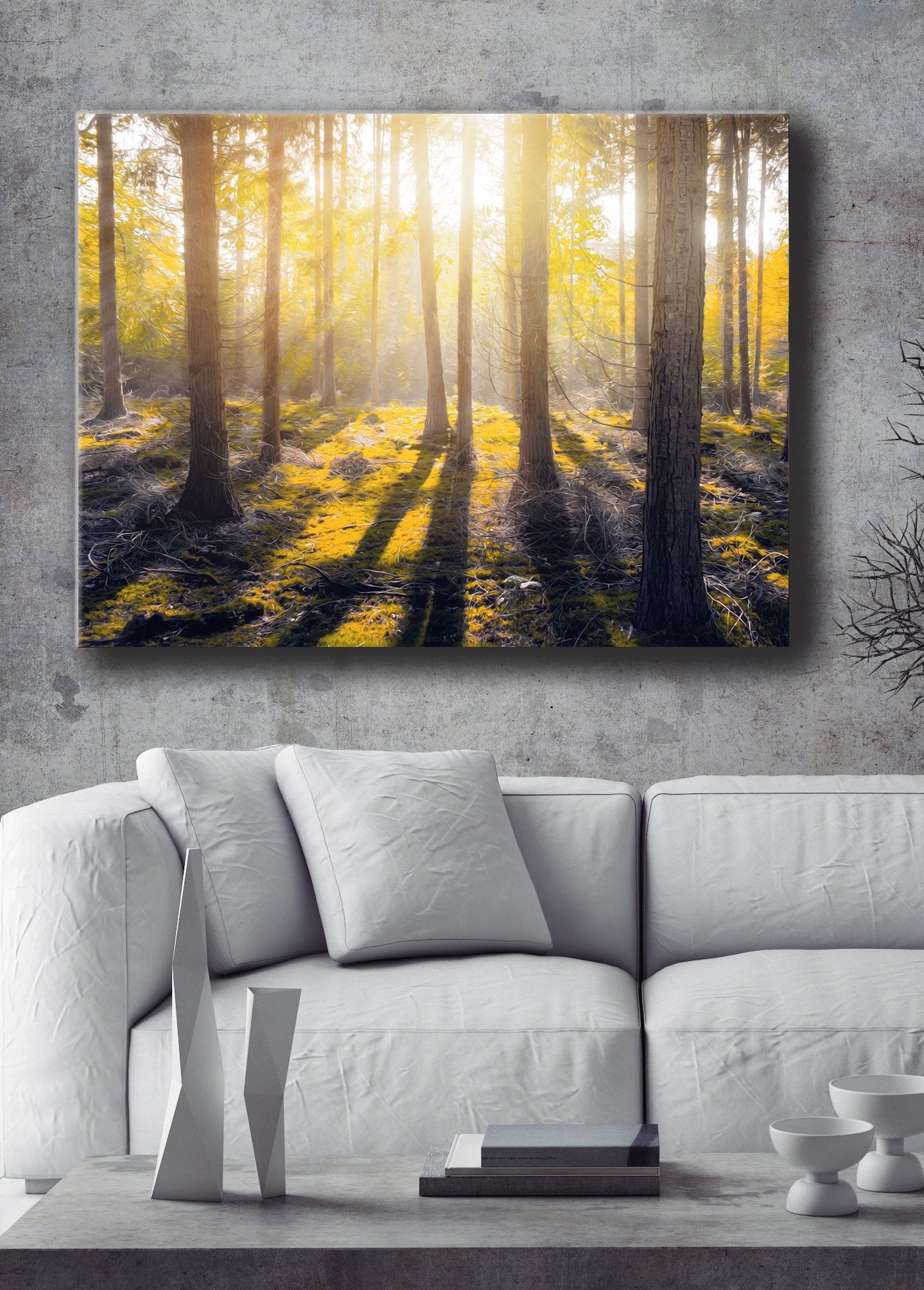Nature Wall Art: Yellow Forest Floor With Sun  (Wood Frame Ready To Hang)