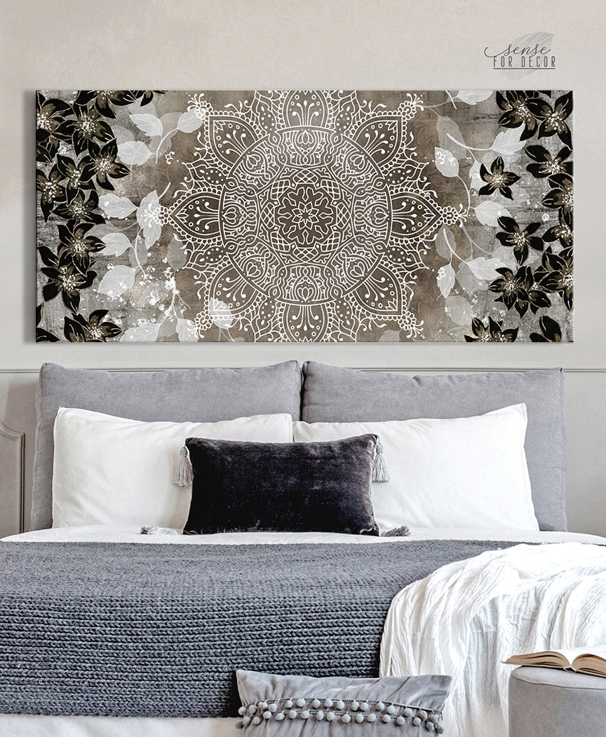 Ready-to-Hang Boho Floral Mandala Flower Wall Art with Wood Frame