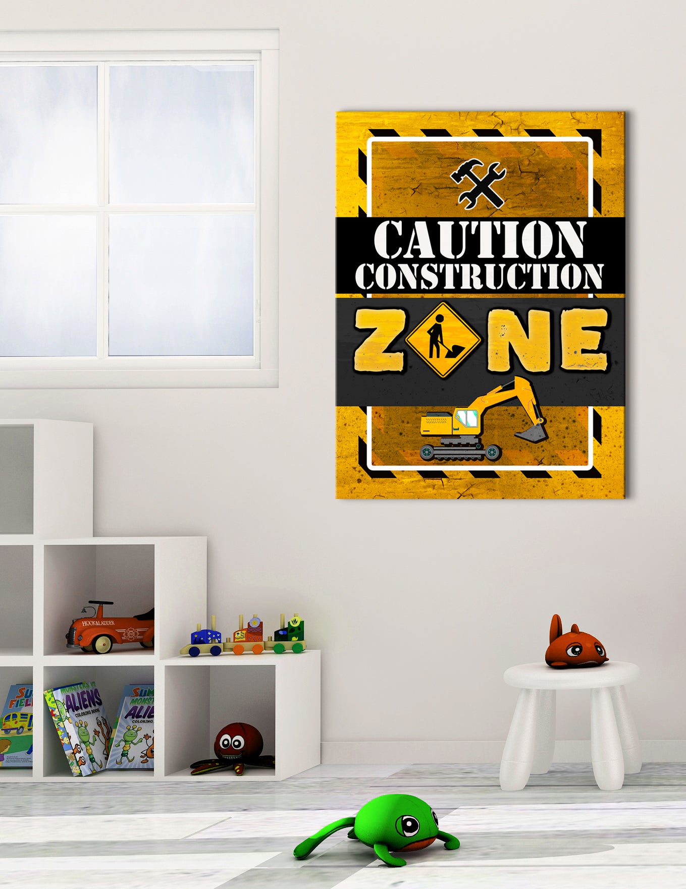 Hot! Kid Room Wall Art: Caution Construction Zone (Wood Frame, Ready To Hang)