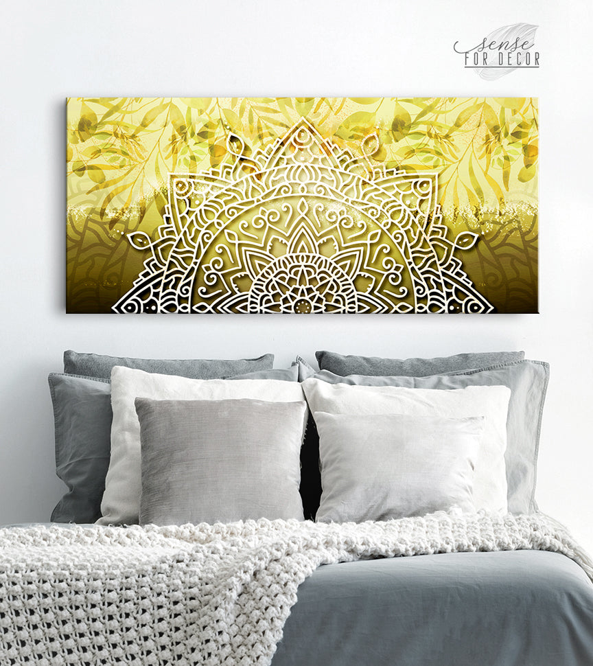 Ready-to-Hang Boho Mandala Wall Art with Leaves in Wood Frame