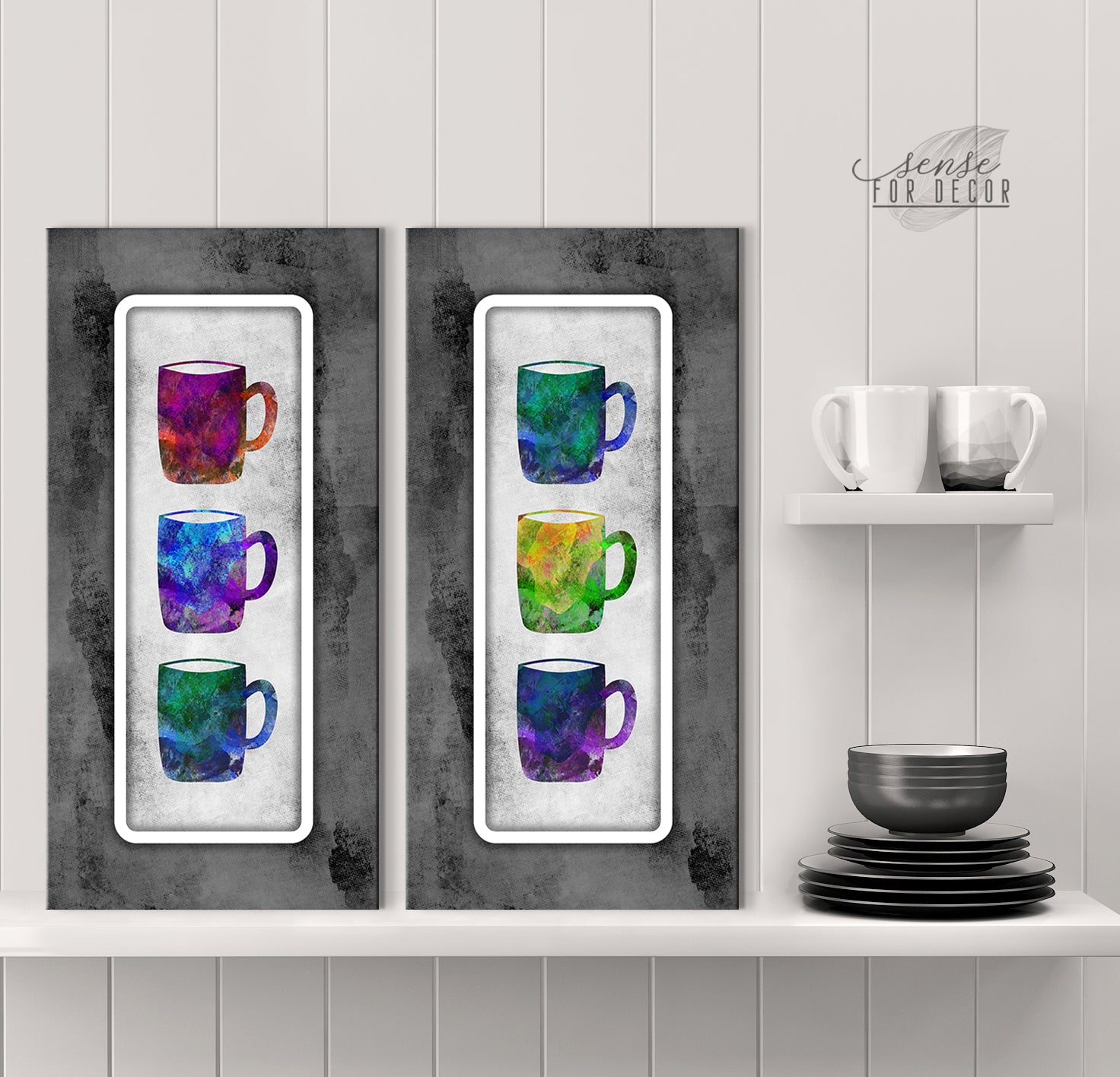 Get 20% Off! Colorful Little Mugs Kitchen Wall Art Set of 2 (Wood Frame, Ready To Hang)