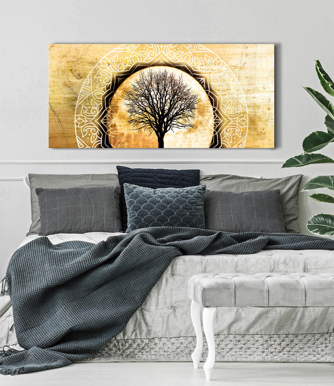 Hot! Boho Mandala Tree Moon Wall Art with Wood Frame, Ready to Hang