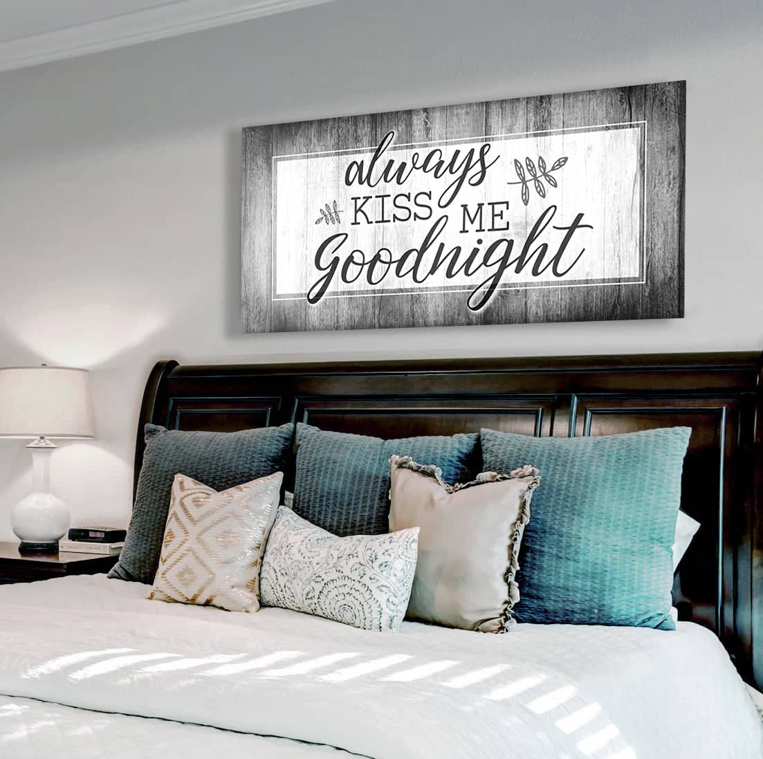Ready-to-Hang Wood Frame Bedroom Wall Art: Always Kiss Me Goodnight V5