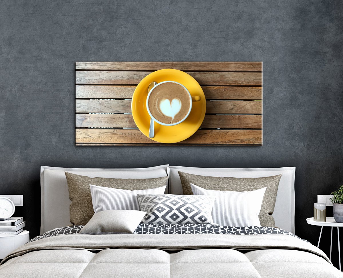 Yellow Plate with White Heart Swirl Coffee Wall Art in Wood Frame, Ready to Hang