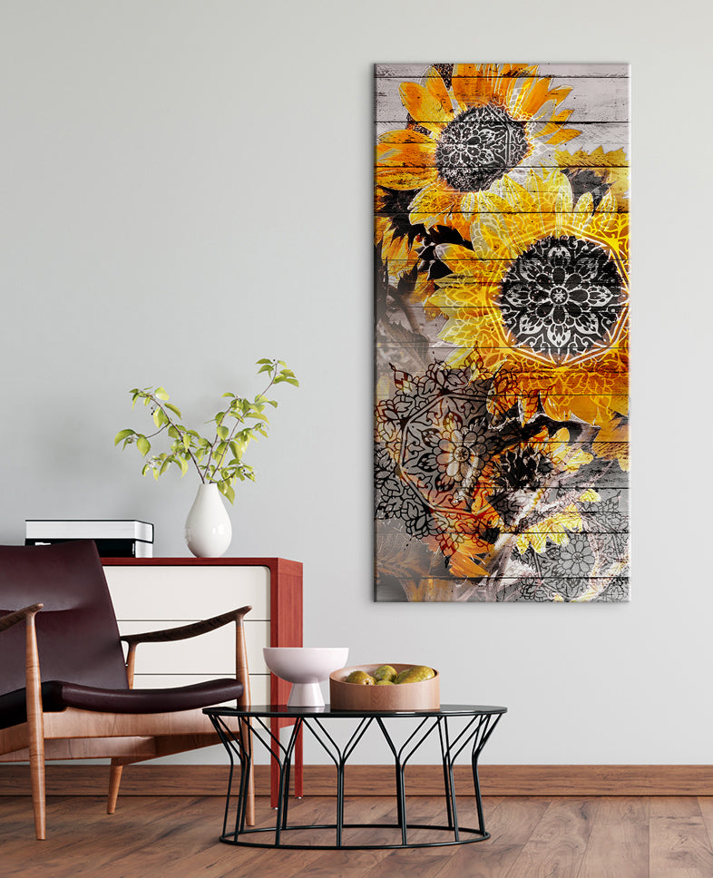 Boho Mandala Sunflowers Wall Art V2: High - Quality Wood - Framed, Ready to Hang