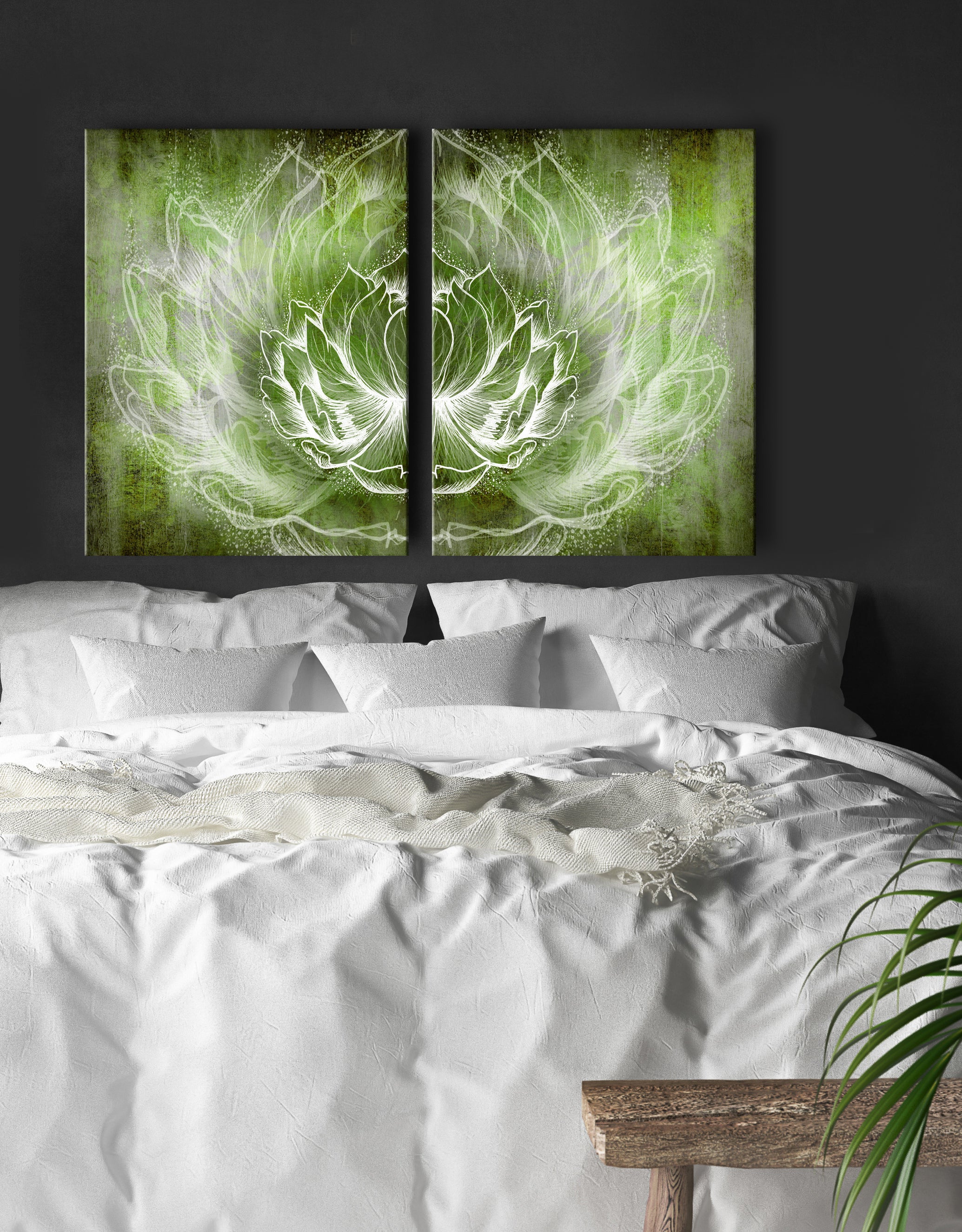 High - Quality Boho Lotus Wall Art Set of 2 with Wood Frames, Ready to Hang