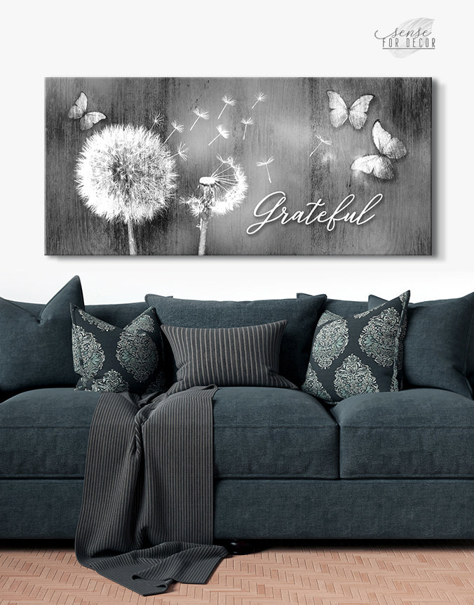 High - quality Wood - framed Christian Wall Art: Grateful Dandelions and Butterflies (Ready to Hang)