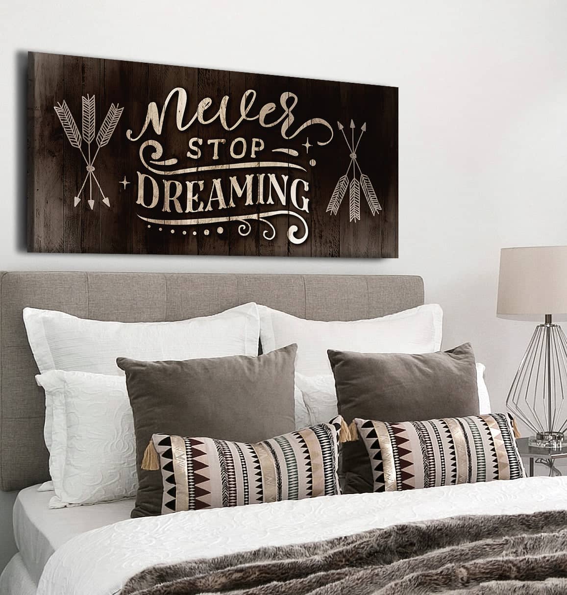 Exclusive Bedroom Wall Art: 'Never Stop Dreaming V2' - Wood Frame, Ready to Hang!