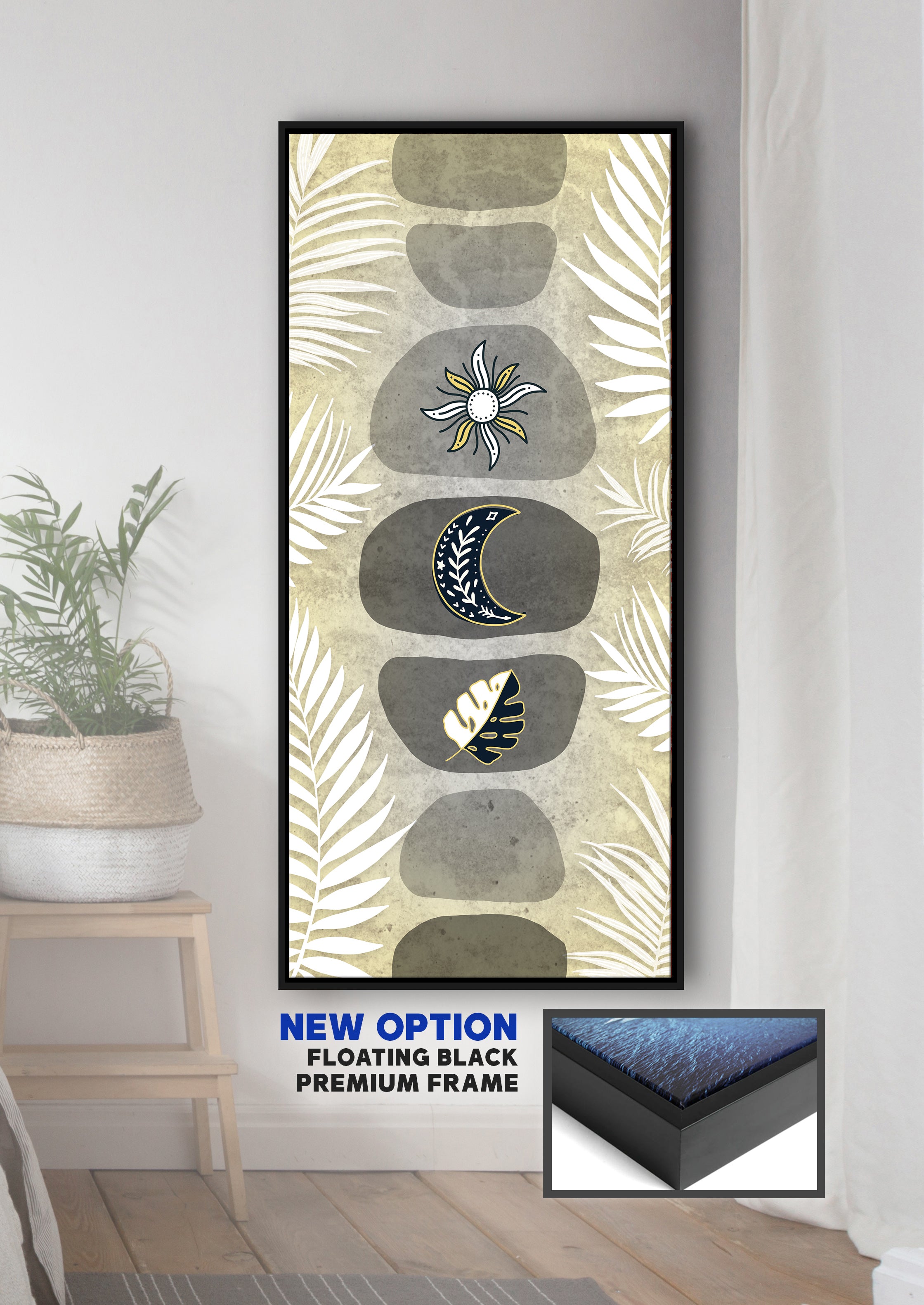 Ready-To-Hang Boho Sun Moon Leaf Wall Art with Wood Frame