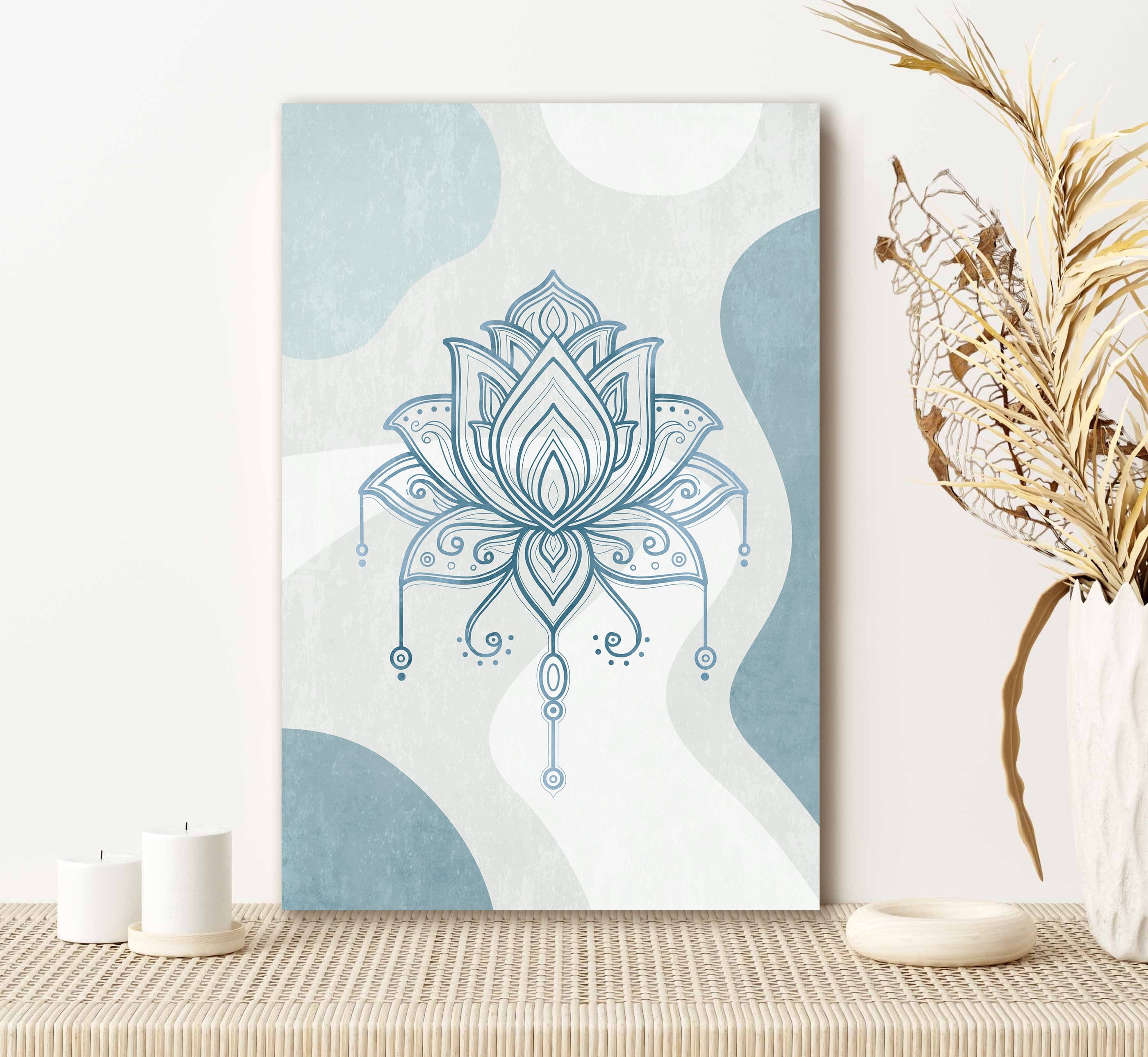 Ready-to-Hang Boho Lotus Wall Art with Wood Frame