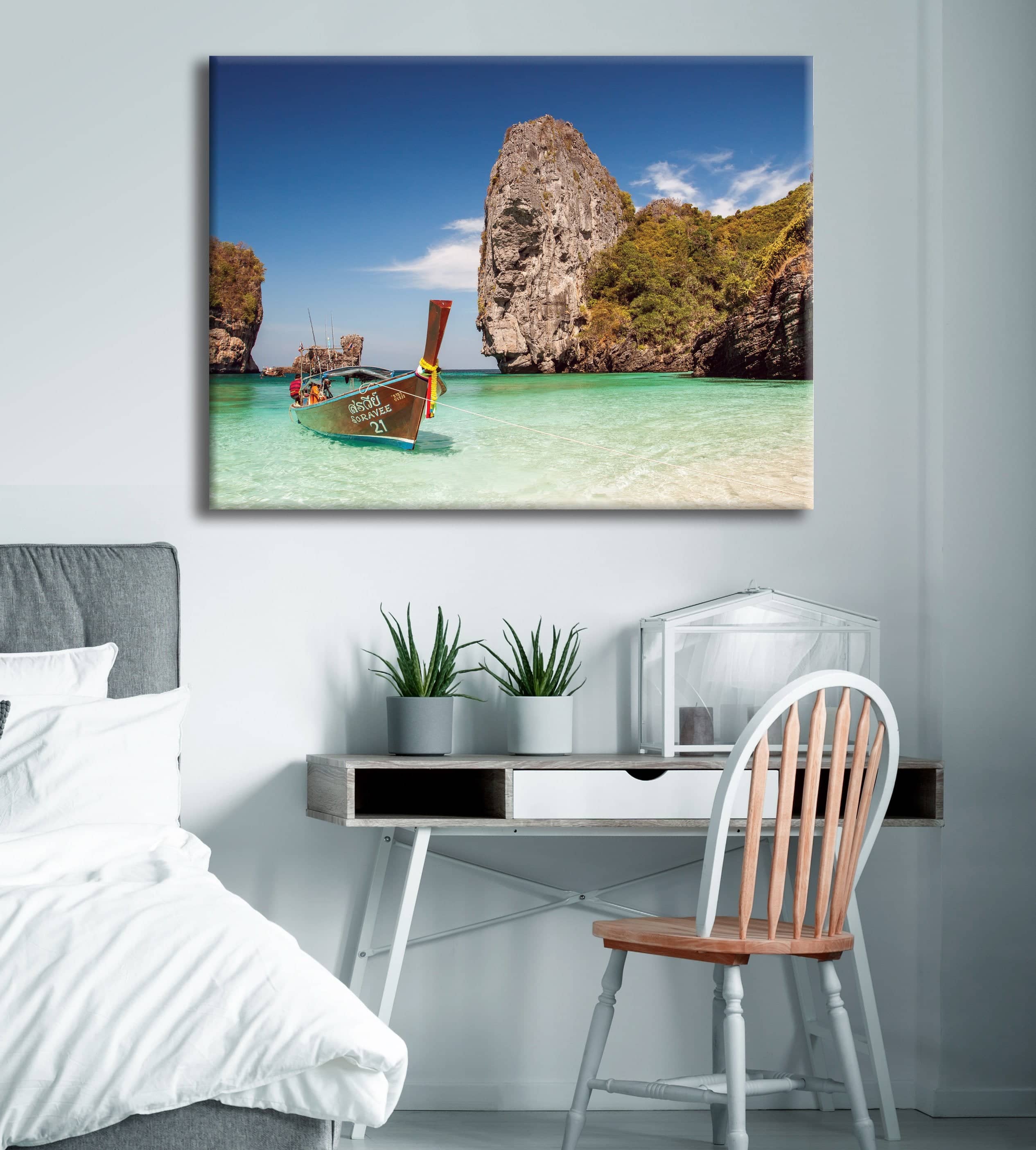High - quality Clear Water Boat Beach Wall Art with Wood Frame, Ready to Hang