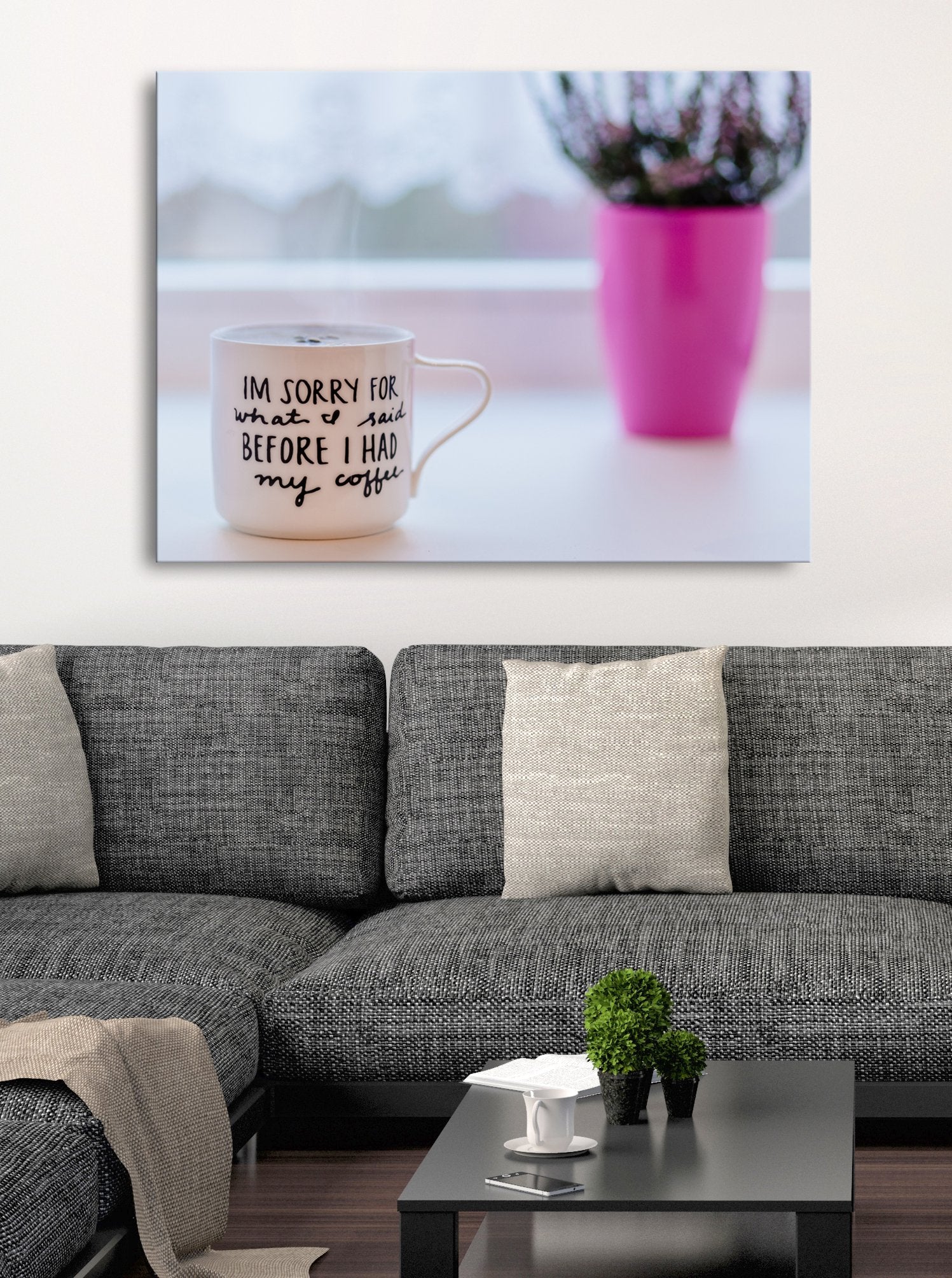 Stylish White Ceramic Coffee Mug Wall Art with Wood Frame for Easy Hanging