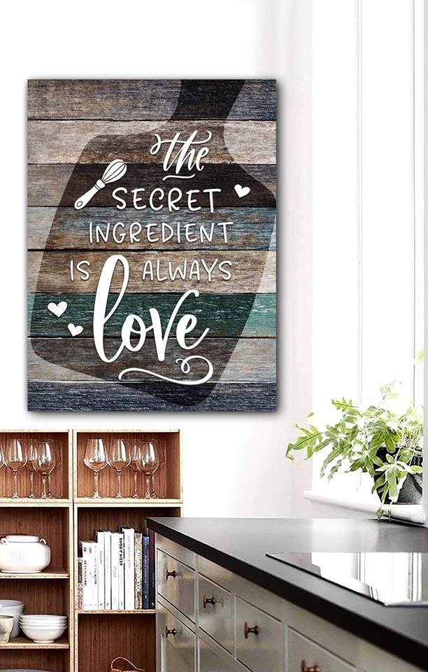 High - Quality Wood - Framed Kitchen Wall Art: Love Is the Key Ingredient, Ready to Hang