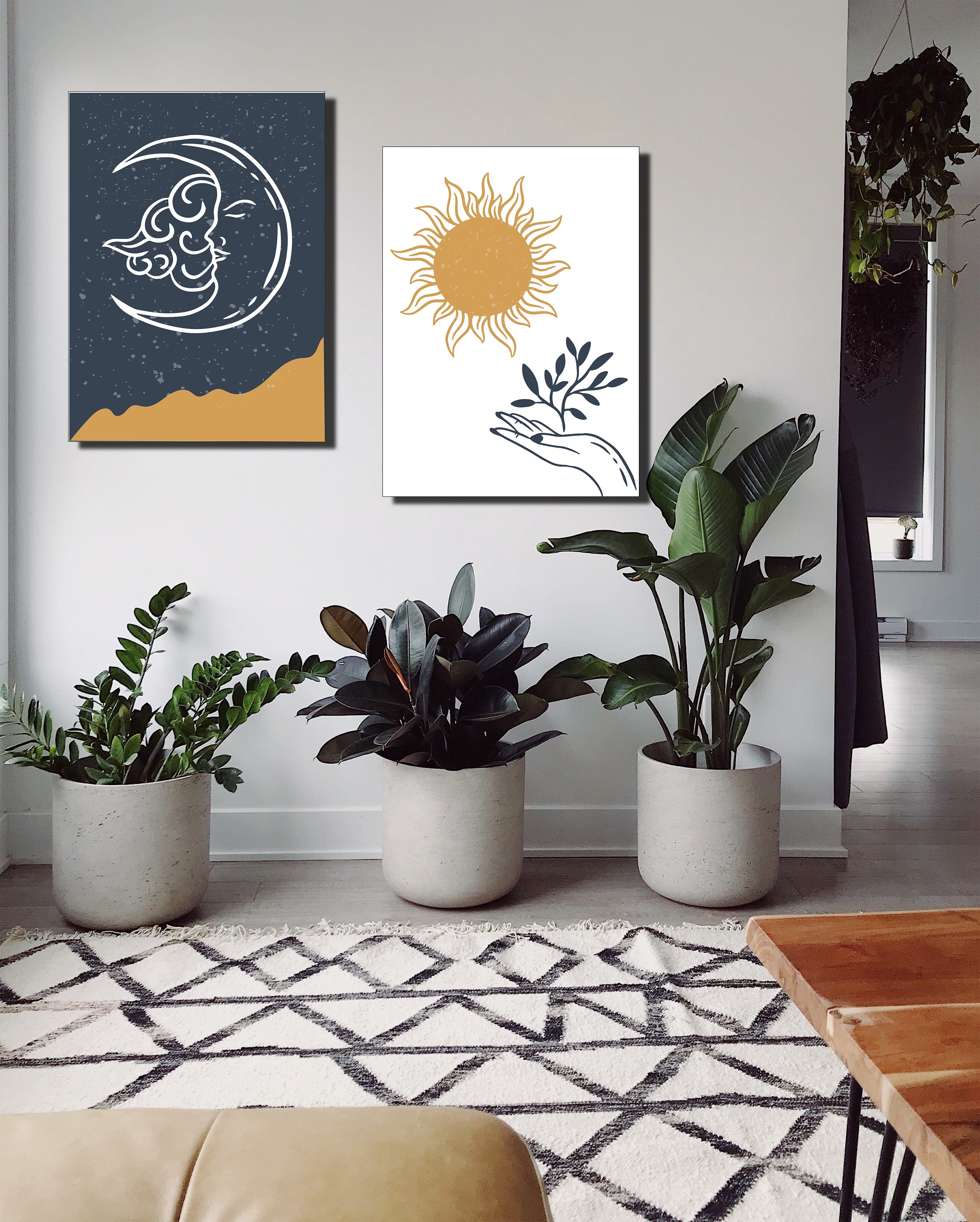 Boho Wall Art: Sun and Moon Set of 2 (Wood Frame, Ready to Hang) - 20% Off on 2 Items!