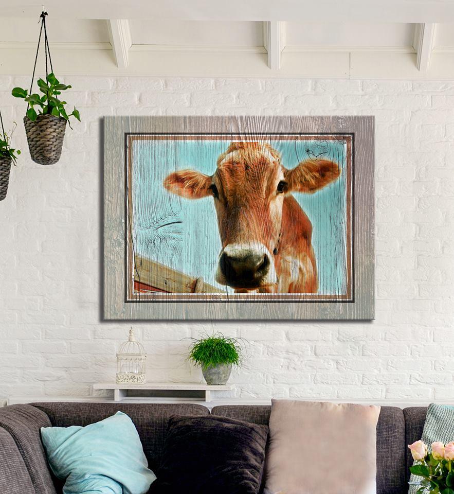 Limited-Time Offer! High-Quality Farm Wall Art - Up-Close Cow in Wood Frame, Ready to Hang