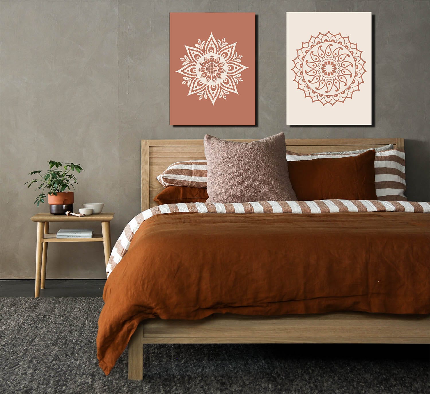 Peach Boho Mandela Wall Art Set of 2 with Wood Frames, Ready to Hang