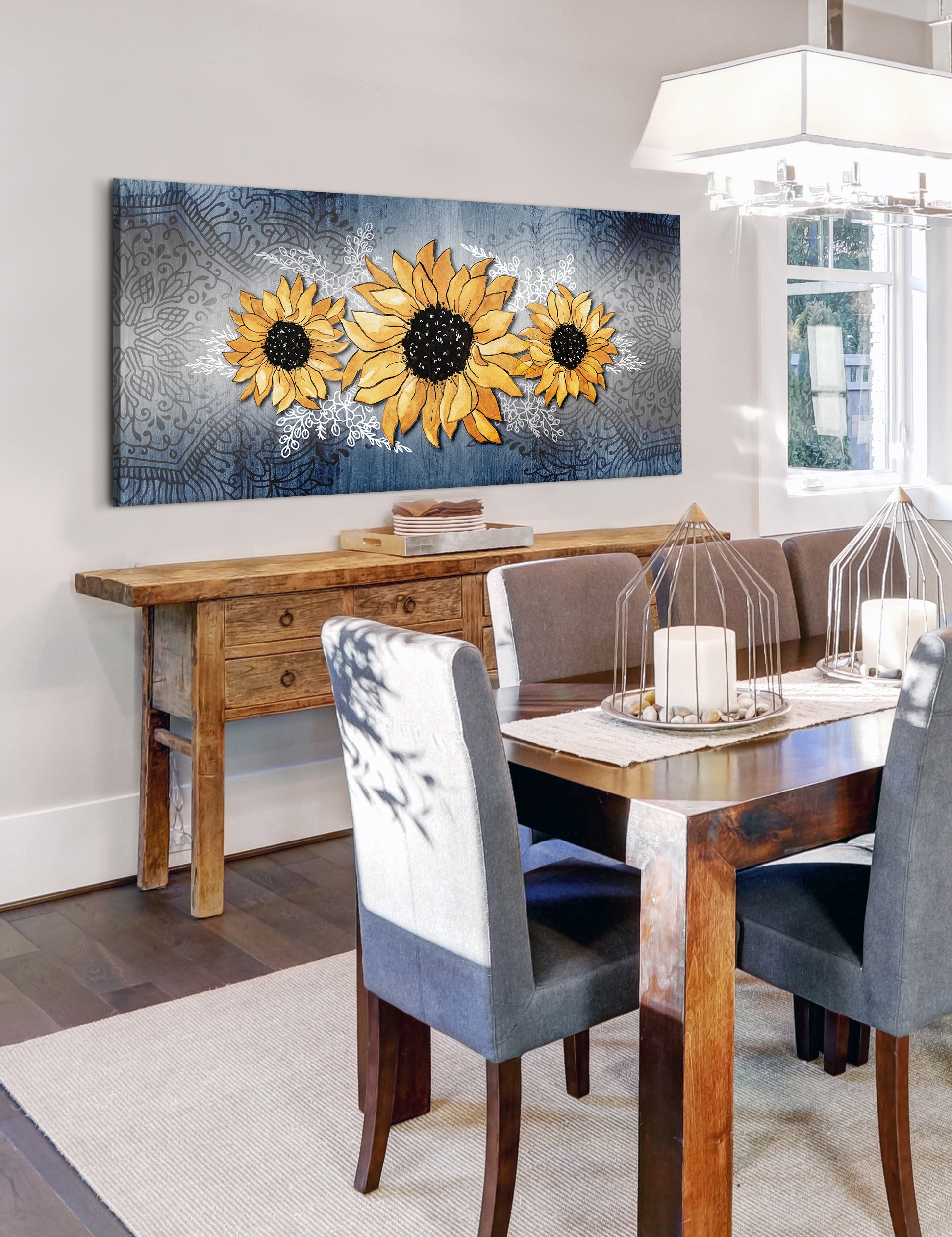 High - quality Boho Sunflower Trio Wall Art with Wood Frame, Ready to Hang
