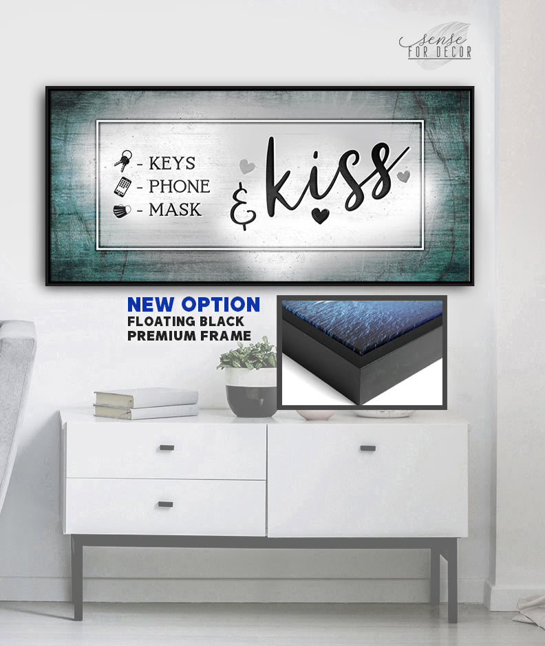 Vibrant Couples Wall Art: Keys Phone Mask Kiss V2 with Wood Frame, Ready to Hang