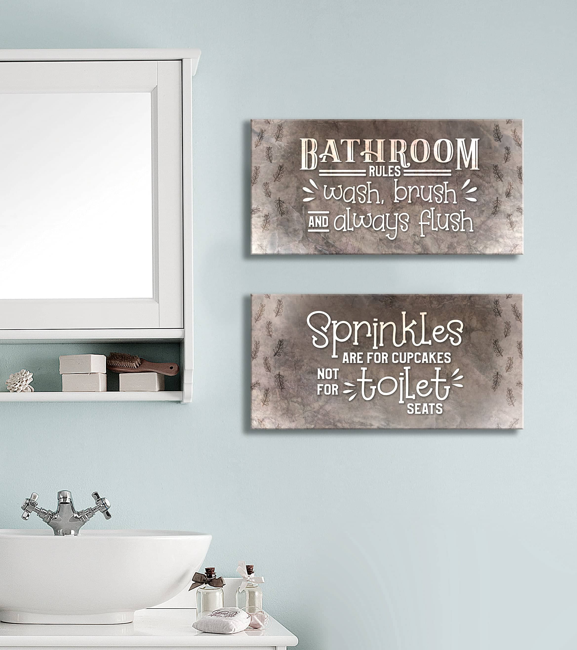 Hot Deal! Set of 2 Bathroom Wall Art with Wood Frames, Ready To Hang Bathroom Rules Sprinkles