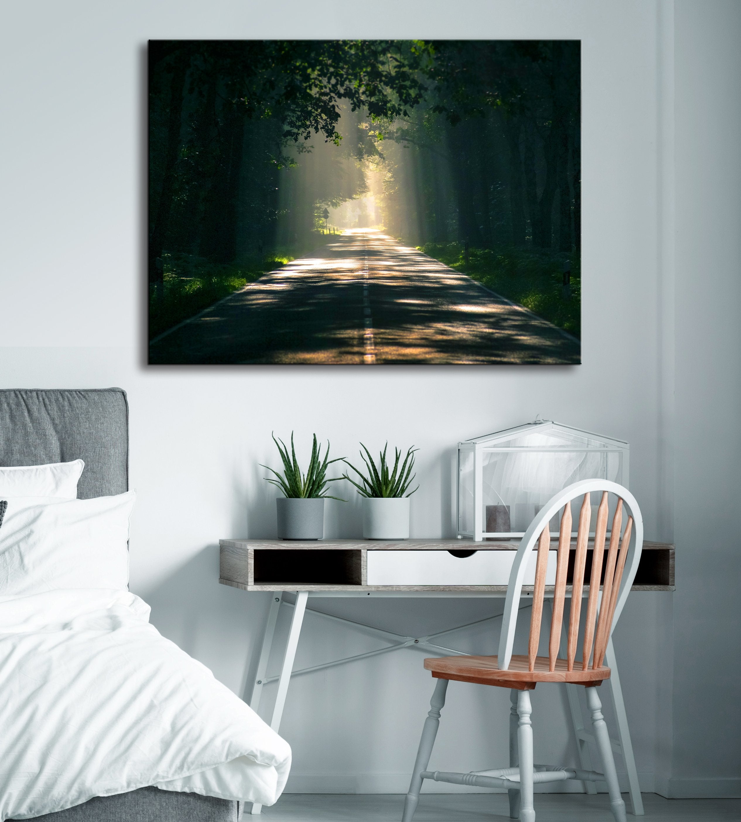 Ready-to-Hang Wood Frame Road Wall Art: Mysterious Sunlit Road