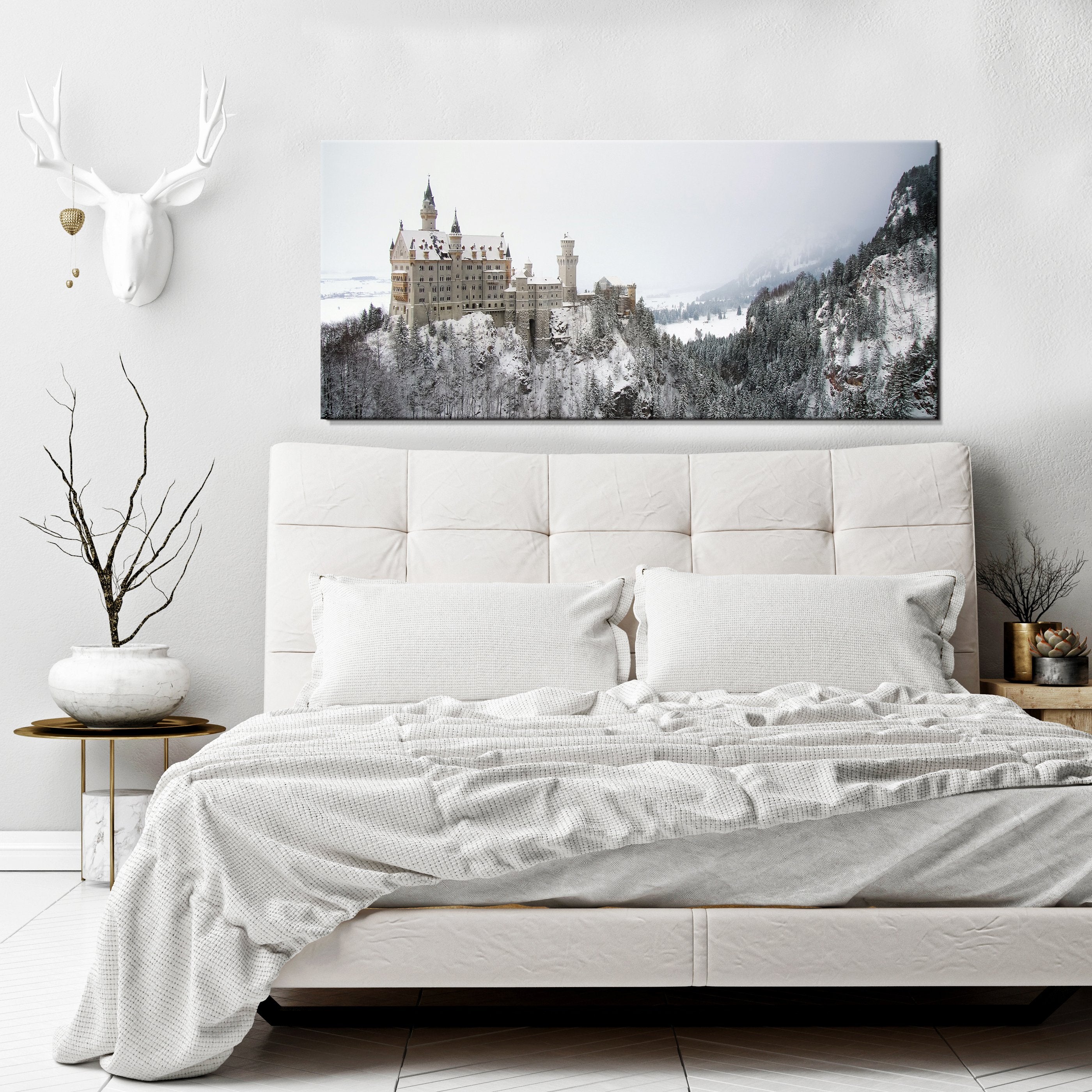 High - Quality White Castle Wall Art with Wood Frame, Ready to Hang for Your Home