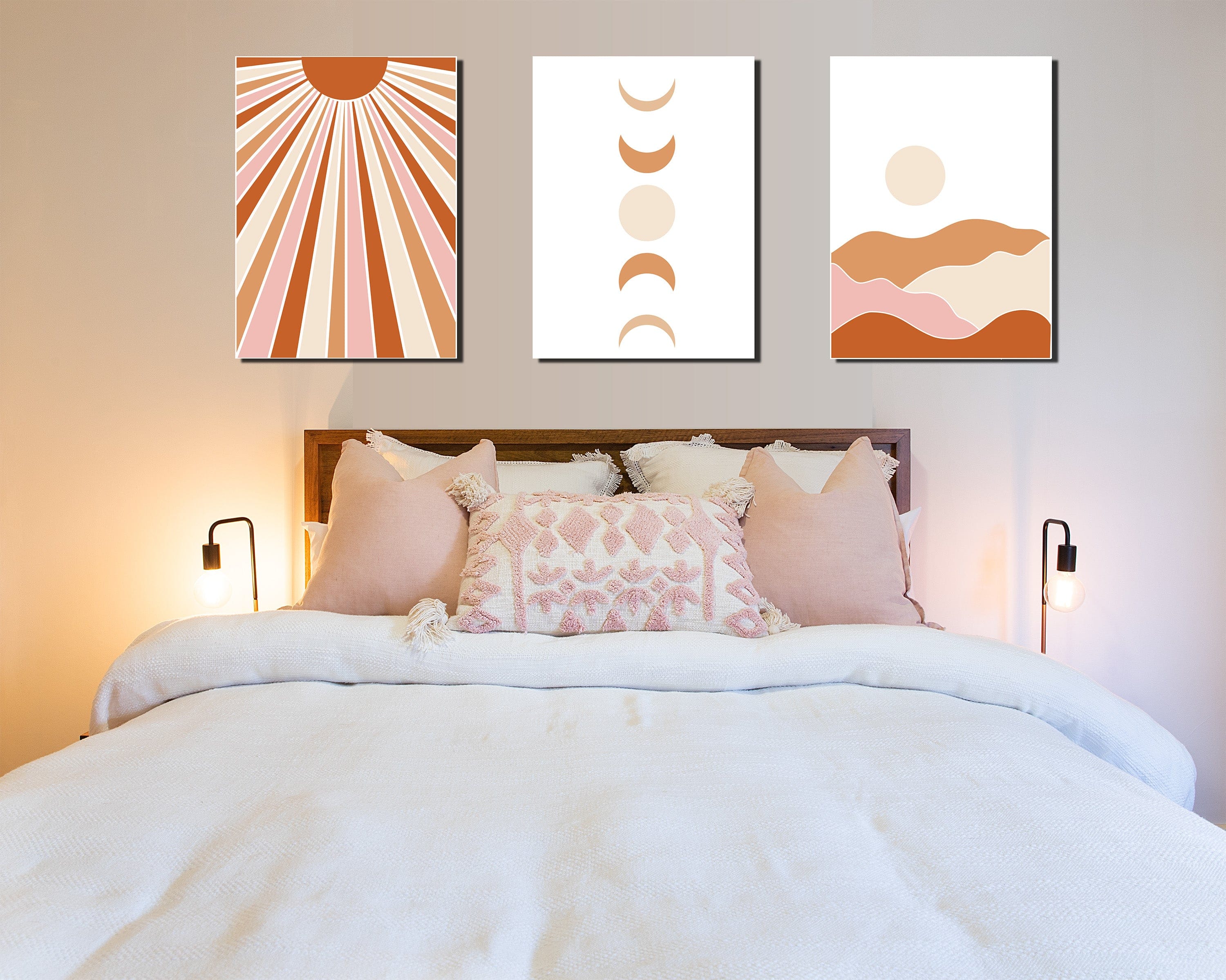 Exclusive Boho Sun Moon Wall Art Set of 3 with Wood Frames - Ready to Hang! Save 20% on 2+