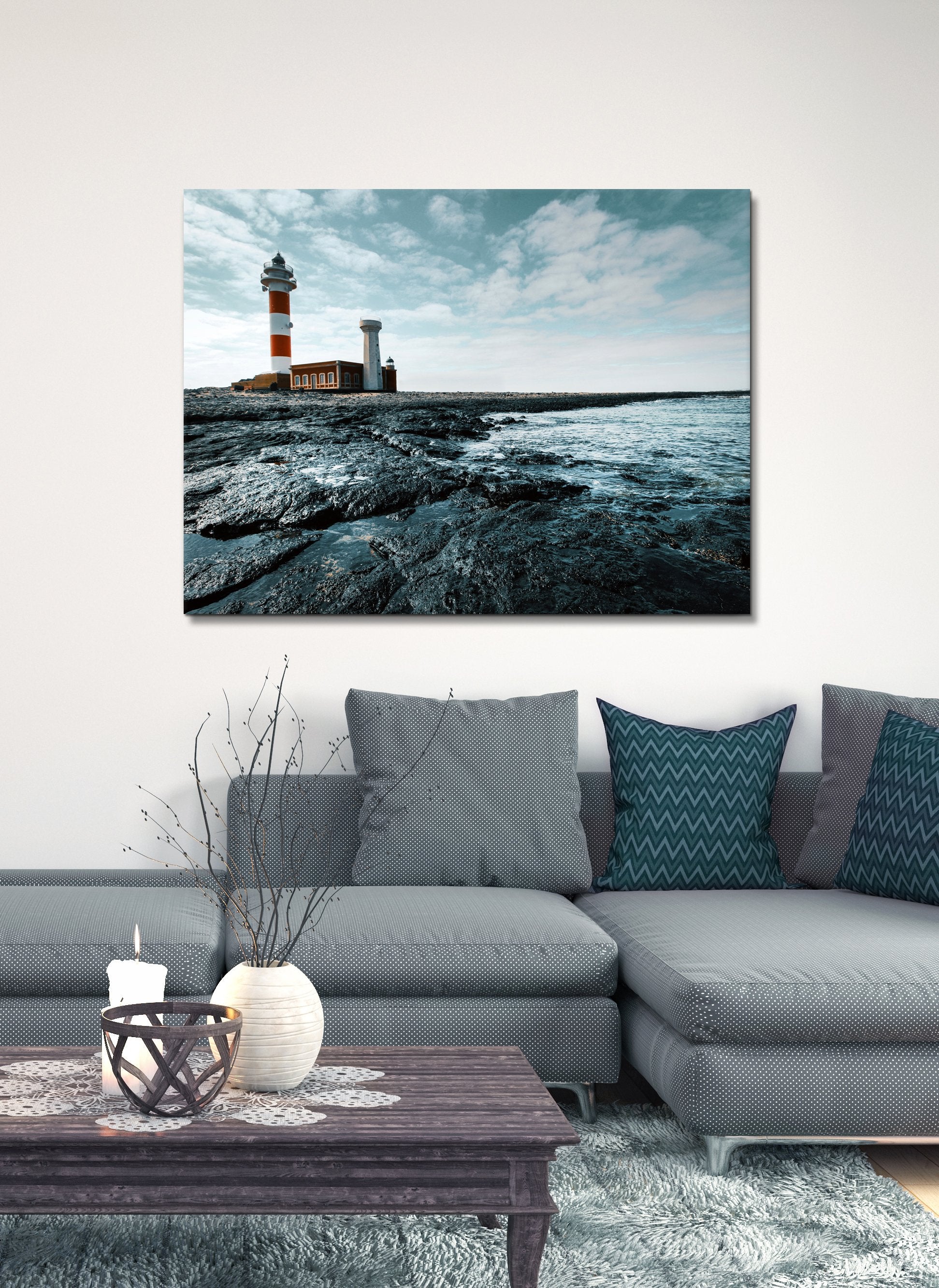 High - quality Nautical Cloudy Lighthouse Wall Art with Wood Frame, Ready to Hang