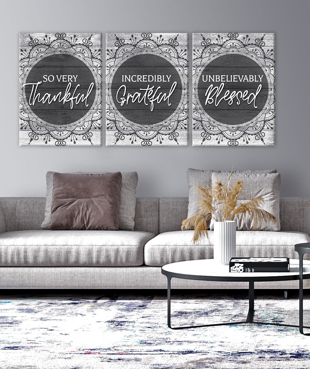 Christian Wall Art Set of 3 with Wood Frames (Ready To Hang) - So Thankful V25