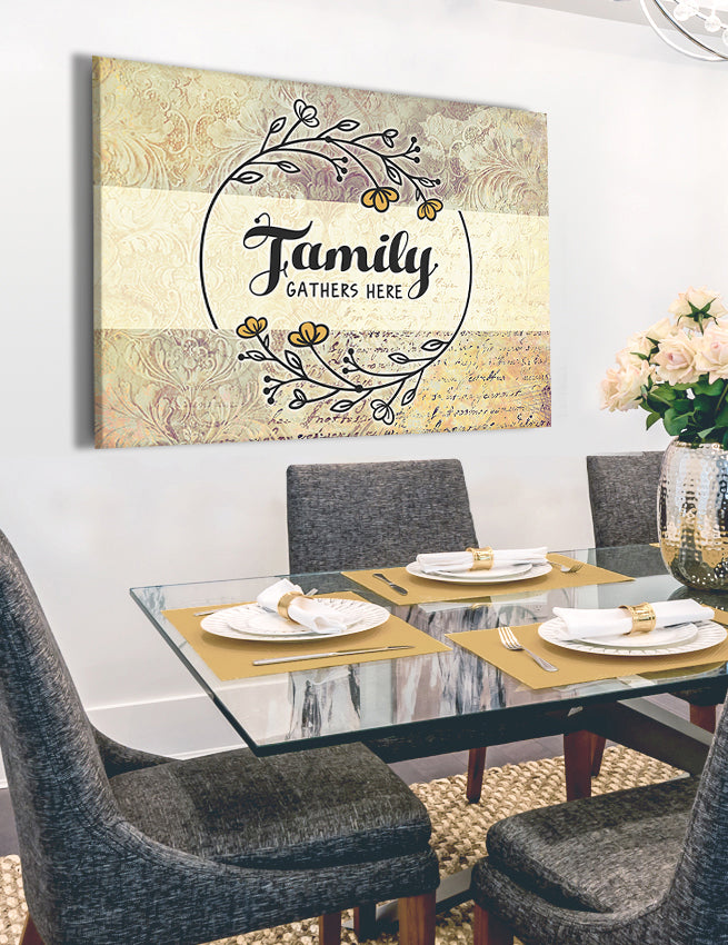 Exclusive Family Wall Art - 'Family Gathers Here' with Wood Frame, Ready to Hang, Buy 2 Save 20%