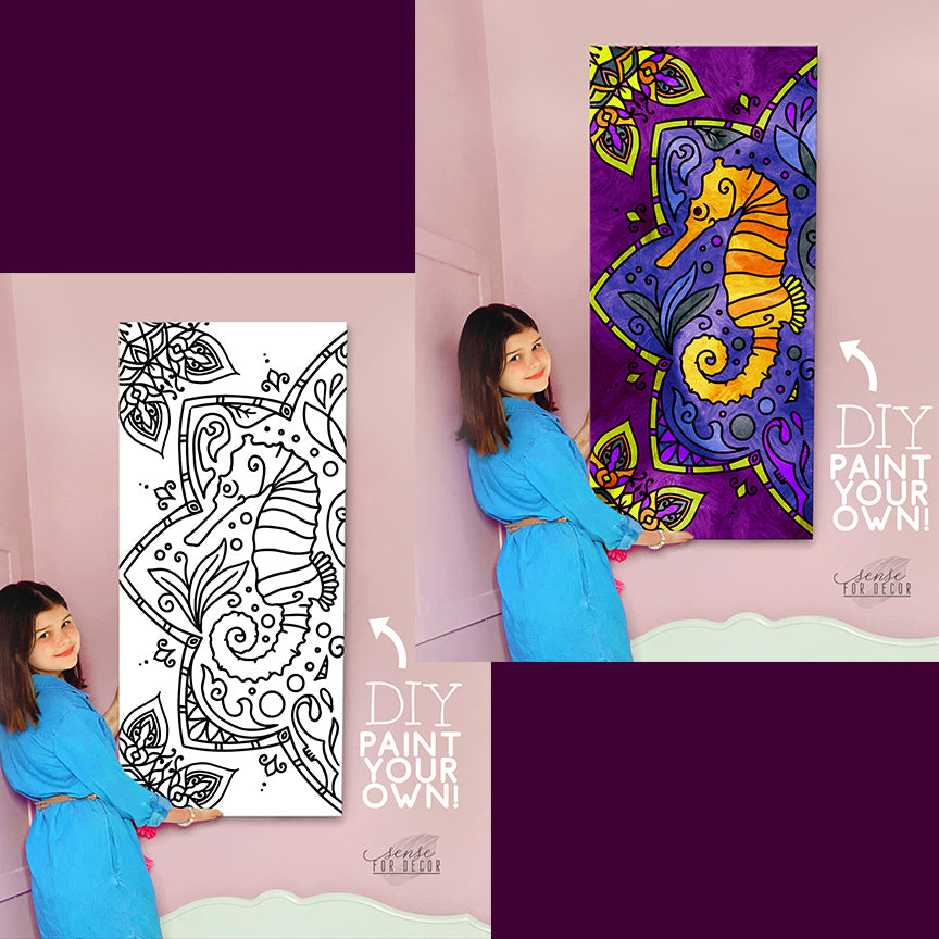 DIY Sea Horse Canvas Wall Art with Wood Frame, Ready to Hang