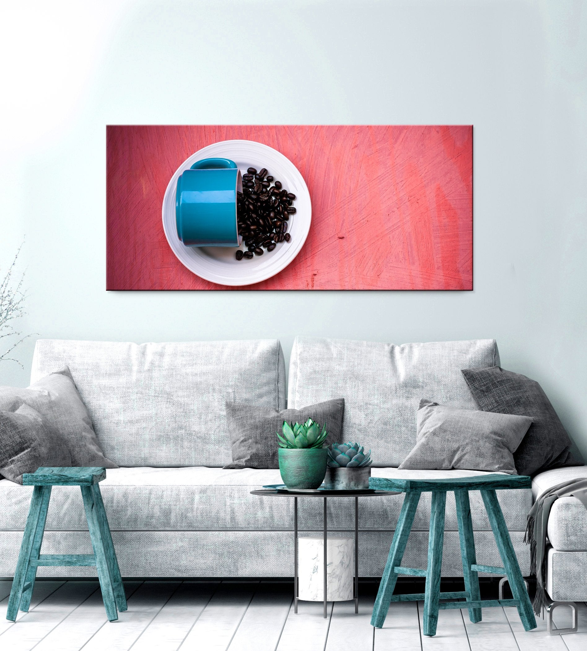 Exclusive Blue Ceramic Tea Cup with Beans Wall Art - Wood Frame, Ready to Hang