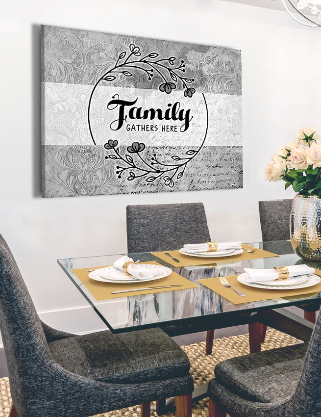 Exclusive Family Wall Art - 'Family Gathers Here' with Wood Frame, Ready to Hang, Buy 2 Save 20%
