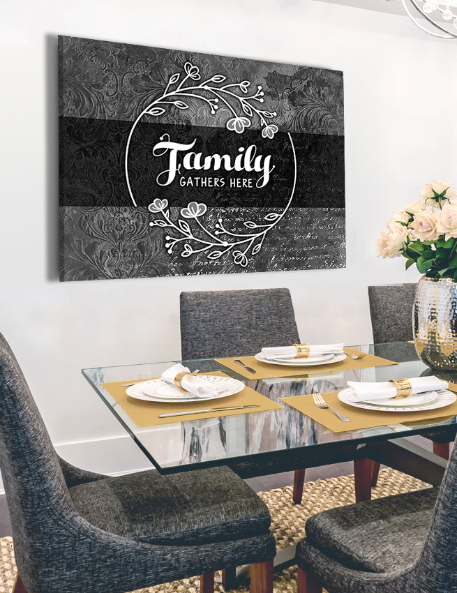 Exclusive Family Wall Art - 'Family Gathers Here' with Wood Frame, Ready to Hang, Buy 2 Save 20%