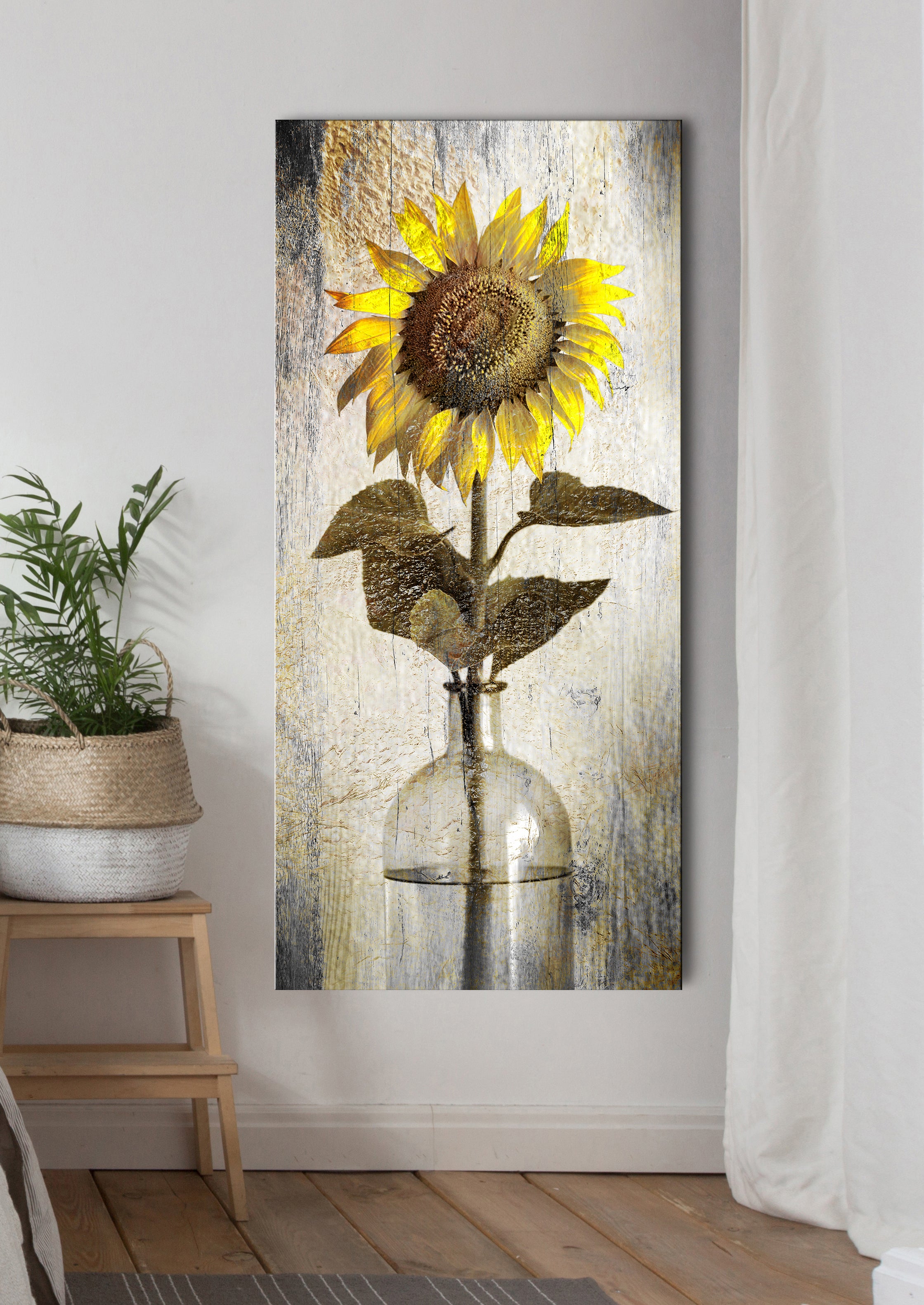 Vintage Sunflower in Vase Wall Art: High - Quality Wood Frame, Ready to Hang