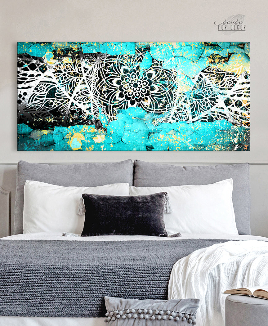 High - quality Boho Crackle Mandala Wall Art with Wood Frame, Ready to Hang