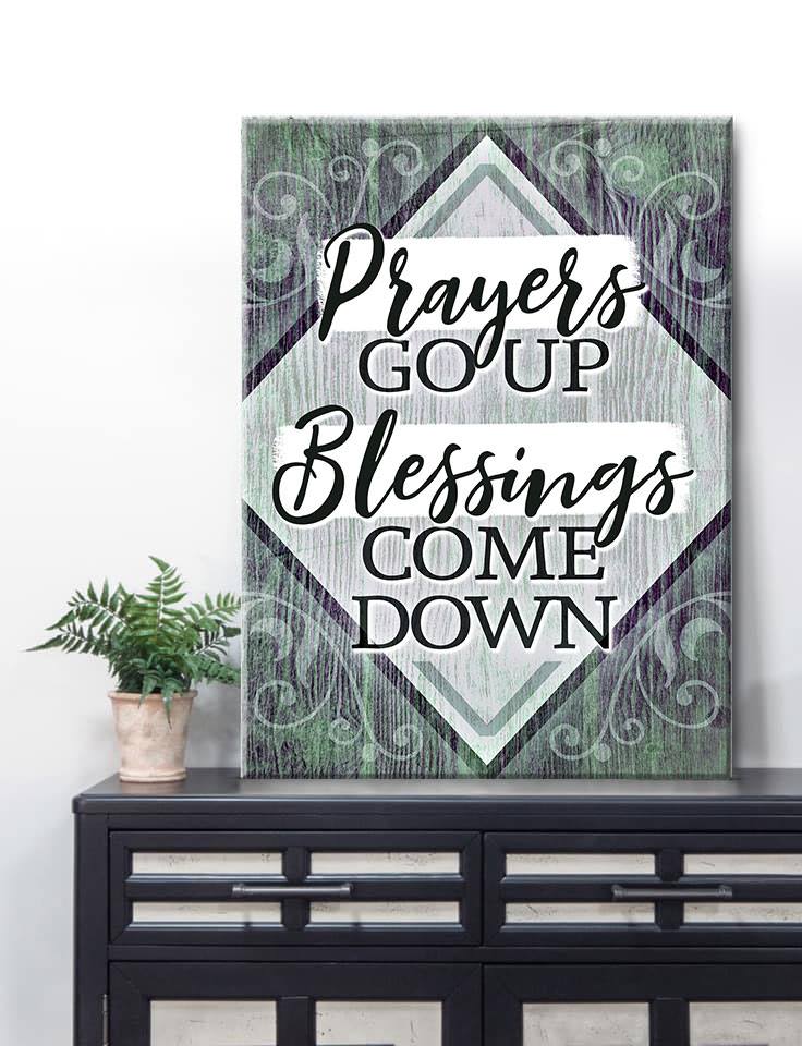 Christian Wall Art: Prayers Up Blessings Down V3, Wood Frame Ready to Hang - Buy 2 Save 20%