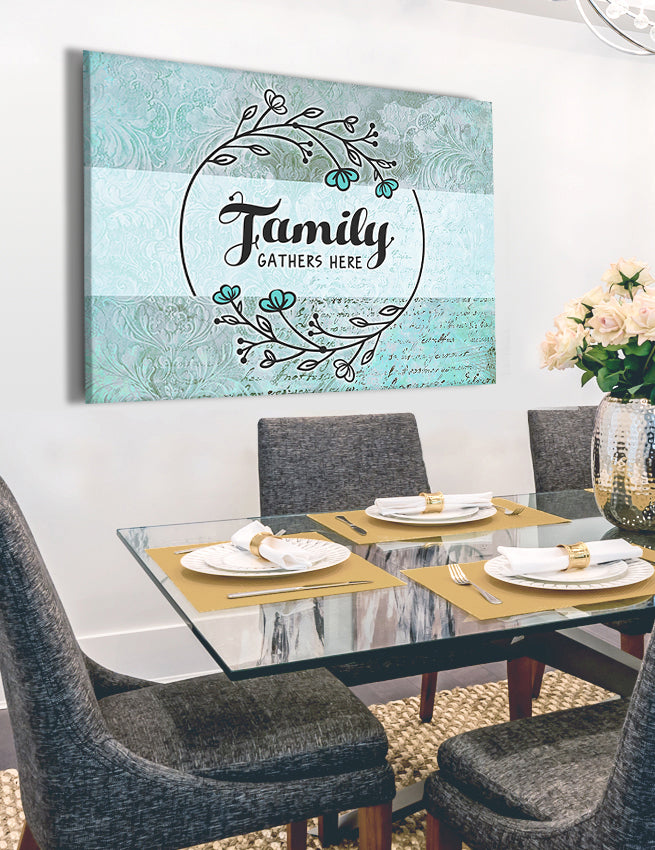 Exclusive Family Wall Art - 'Family Gathers Here' with Wood Frame, Ready to Hang, Buy 2 Save 20%