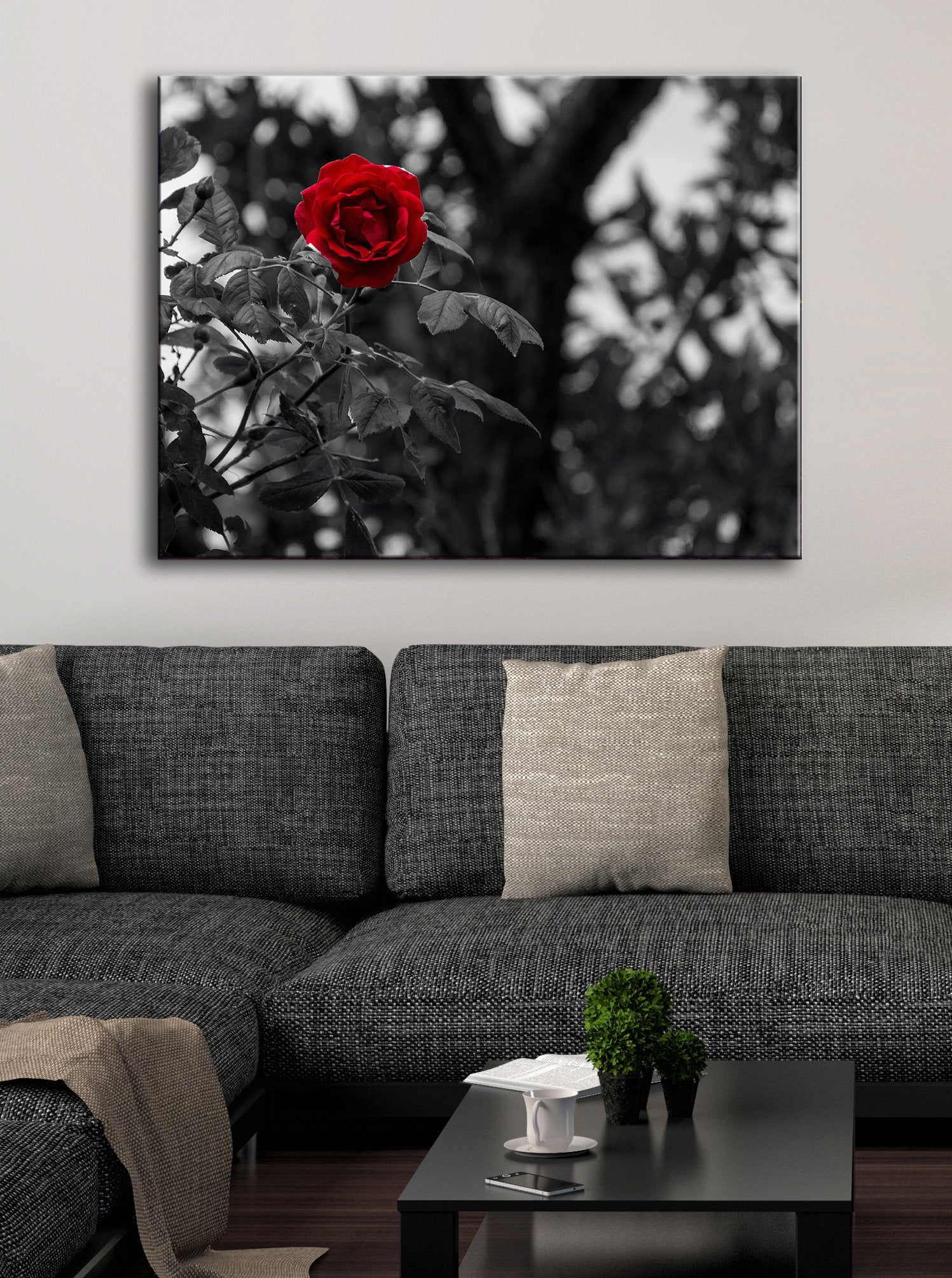 Ready-to-Hang Black and White Red Rose Wall Art with Wood Frame