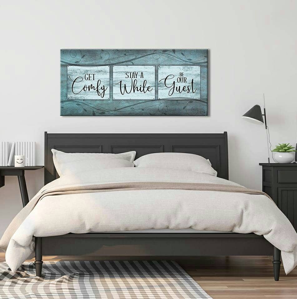 Cozy Bedroom Wall Art: 'Get Comfy Stay A While' with Wood Frame, Ready to Hang