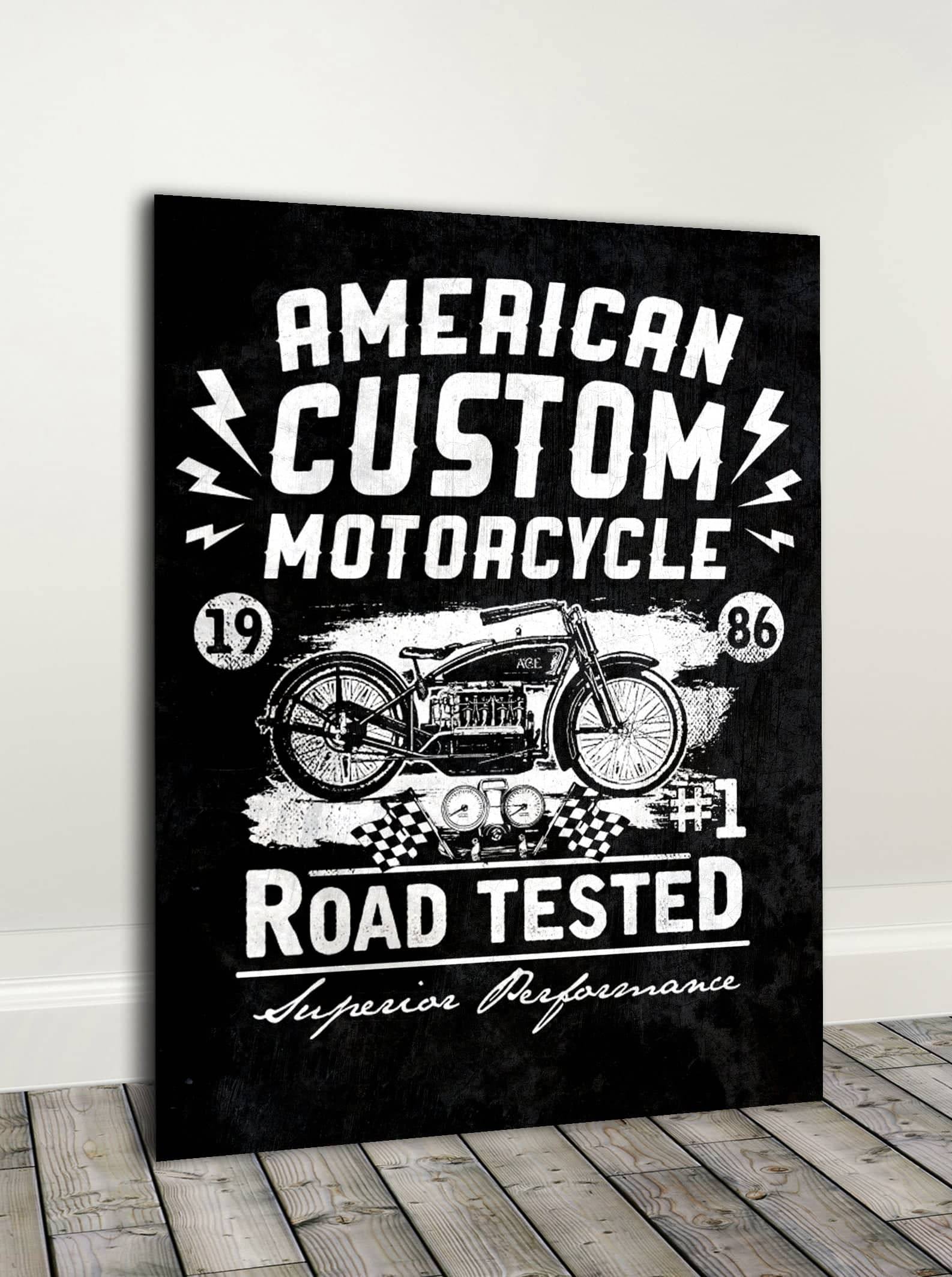 Ready-to-Hang American Custom Moto Biker Wall Art with Wood Frame
