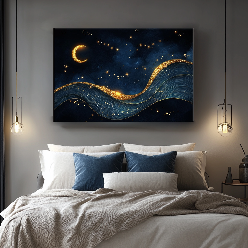 High - quality Nature Wall Art: Cosmic Waves and Golden Moon