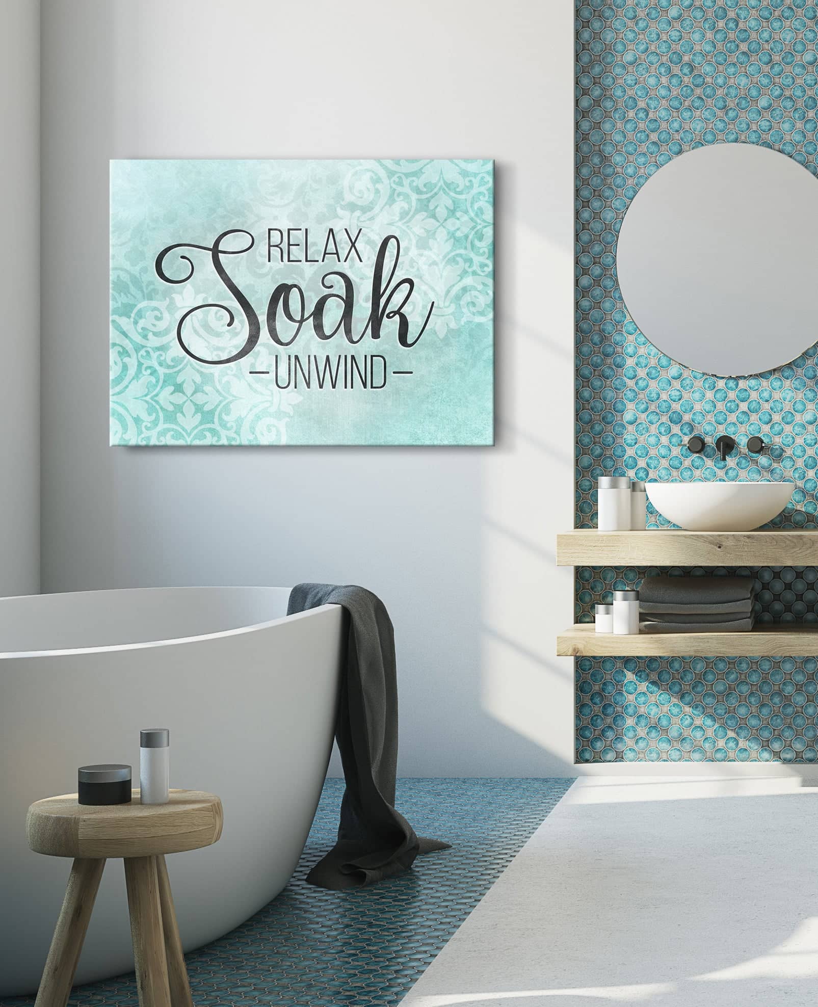 High - Quality Wood - Framed Bathroom Wall Art: Relax, Soak, Unwind V2 (Ready To Hang)