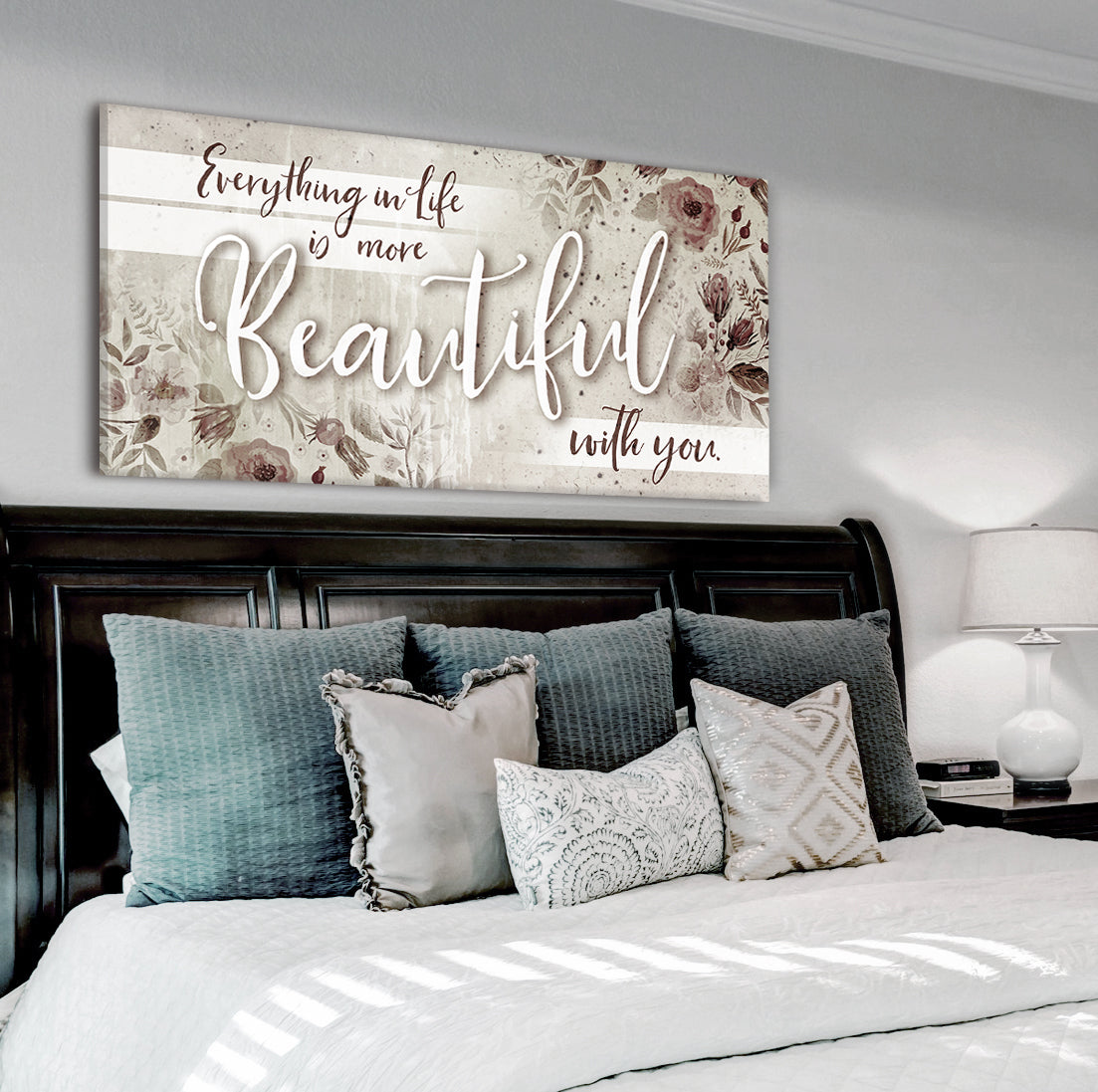 Beautiful Couples Wall Art: 'Everything In Life Is More Beautiful With You' V2 (Ready-to-Hang Wood Frame)