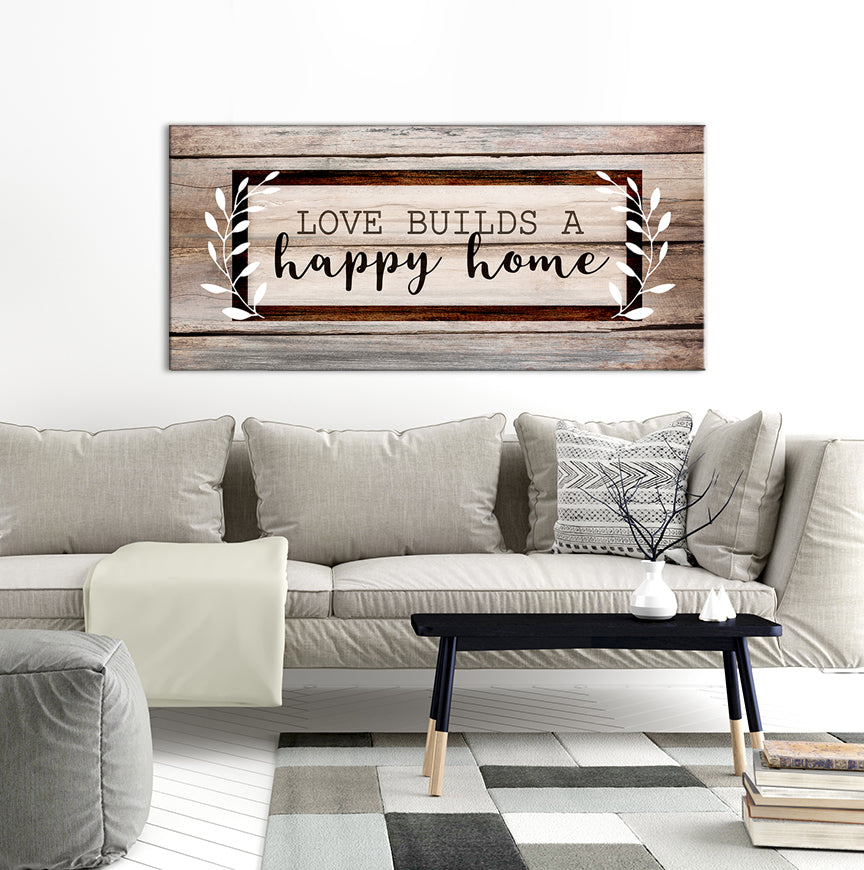 High - Quality Wood - Framed Wall Art: Love Builds a Happy Home V4, Ready to Hang
