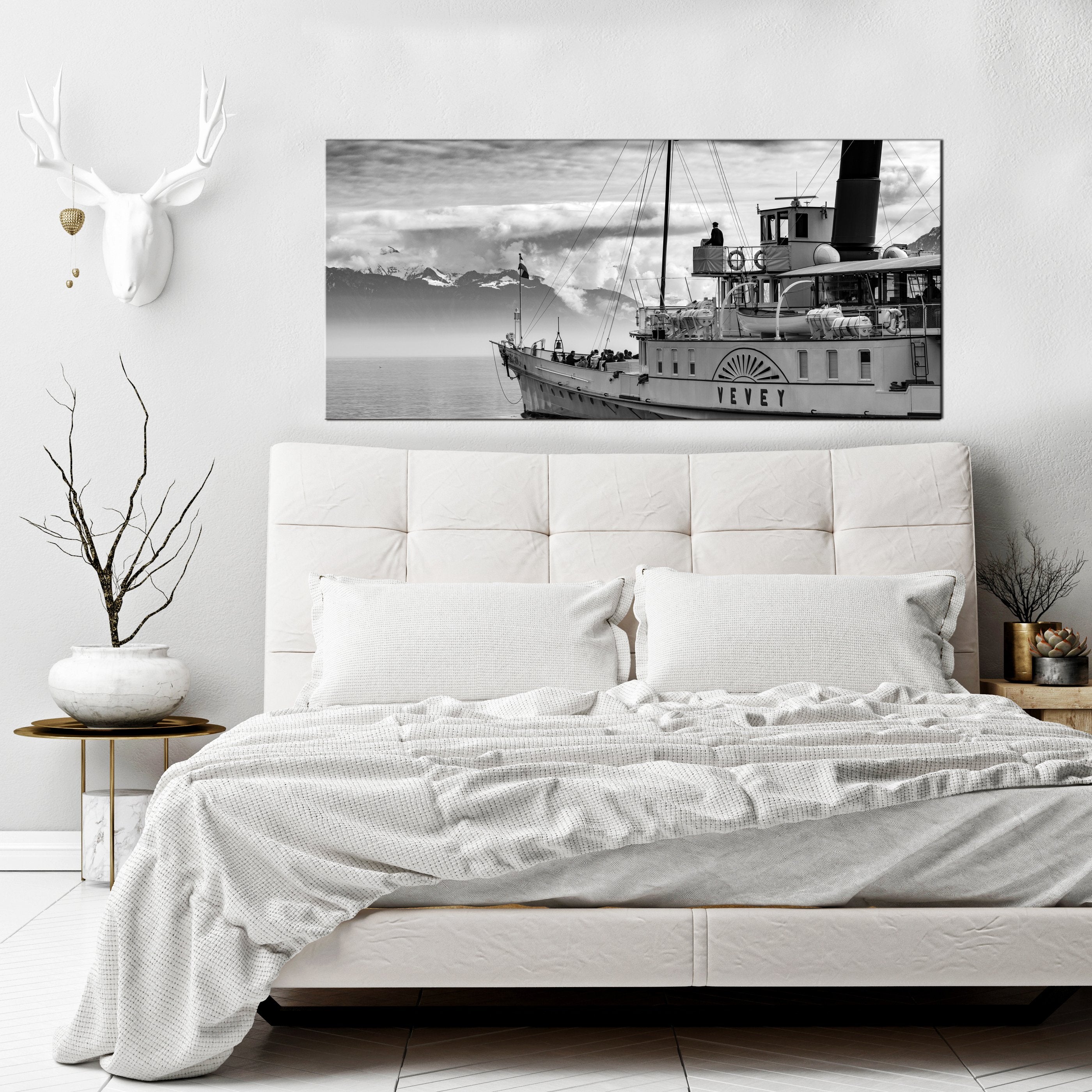Black/White Boat Nautical Wall Art with Wood Frame - Ready to Hang & Save 20% on 2!